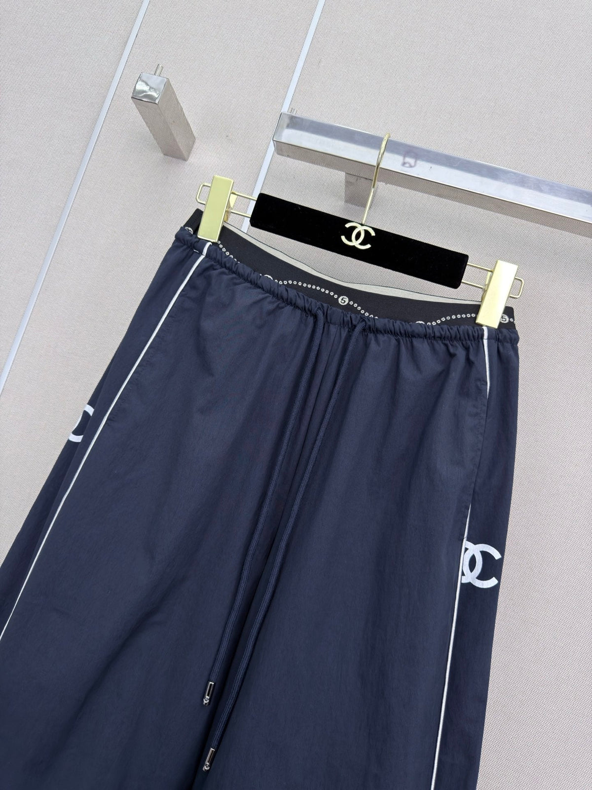 CC Double C Logo Printed Wide-leg Pants Navy Blue in Nylon 379604