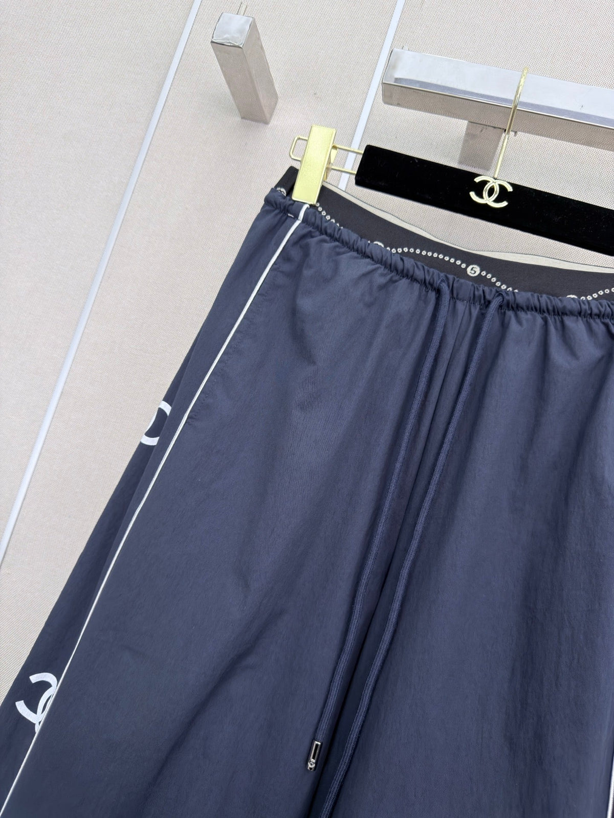 CC Double C Logo Printed Wide-leg Pants Navy Blue in Nylon 379604