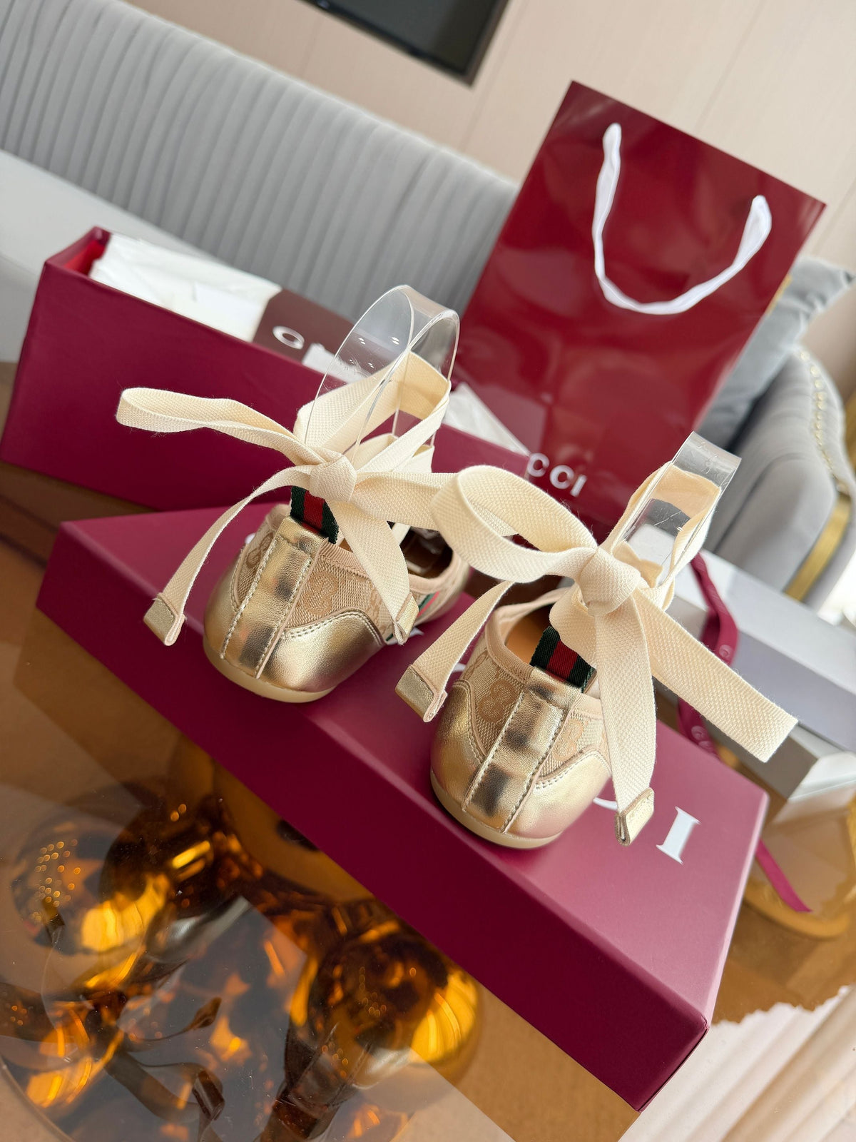 GG Dance Shoes Gold in Nubuck Suede with Classic GG Fabric 788166