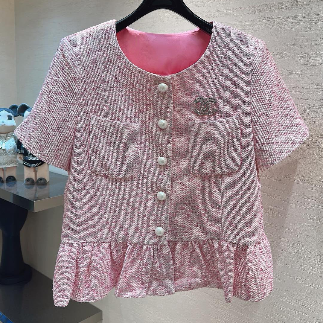 CC Cherry Blossom Pink Ruffled Blouse in Tweed 385112