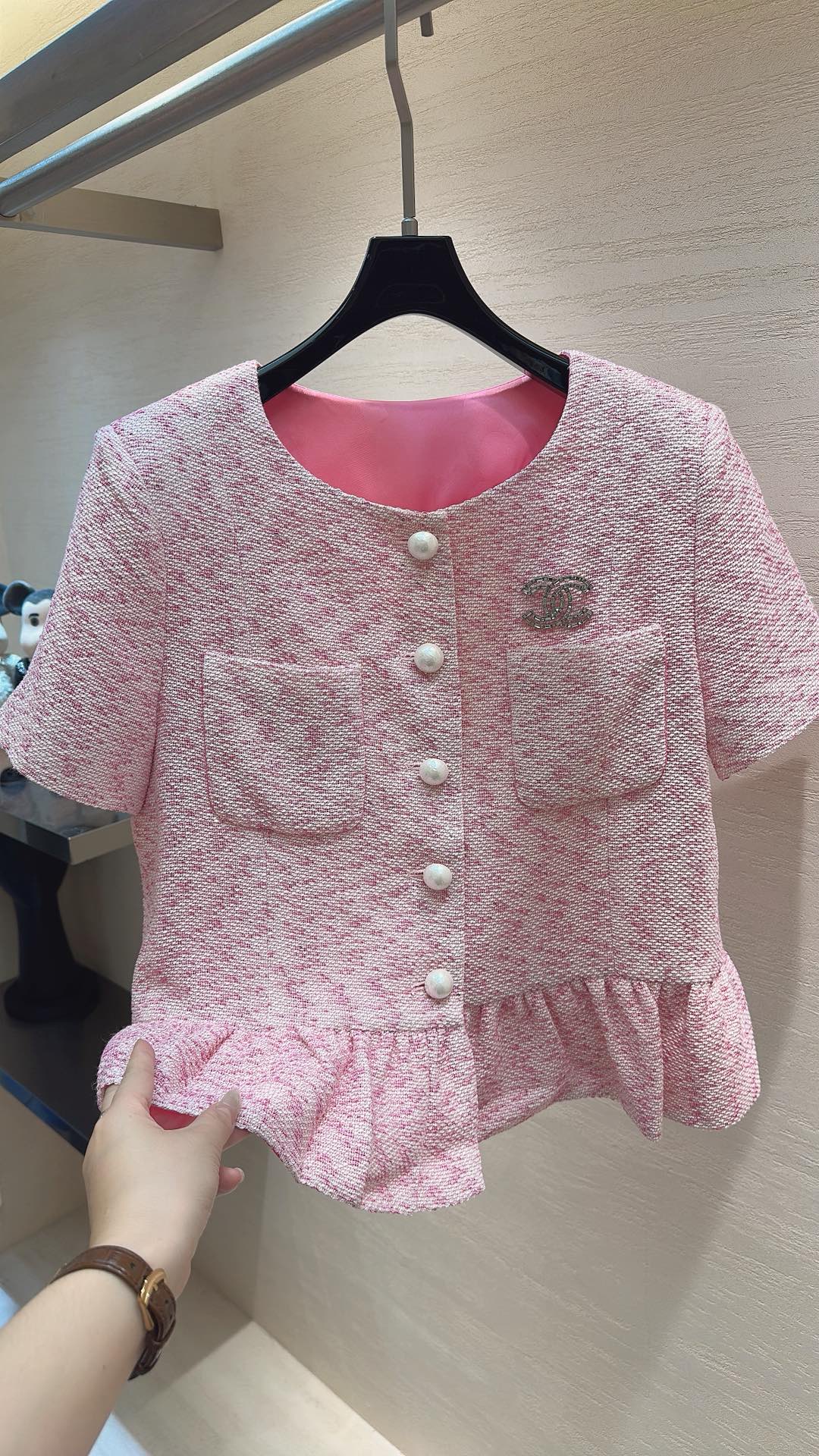 CC Cherry Blossom Pink Ruffled Blouse in Tweed 385112