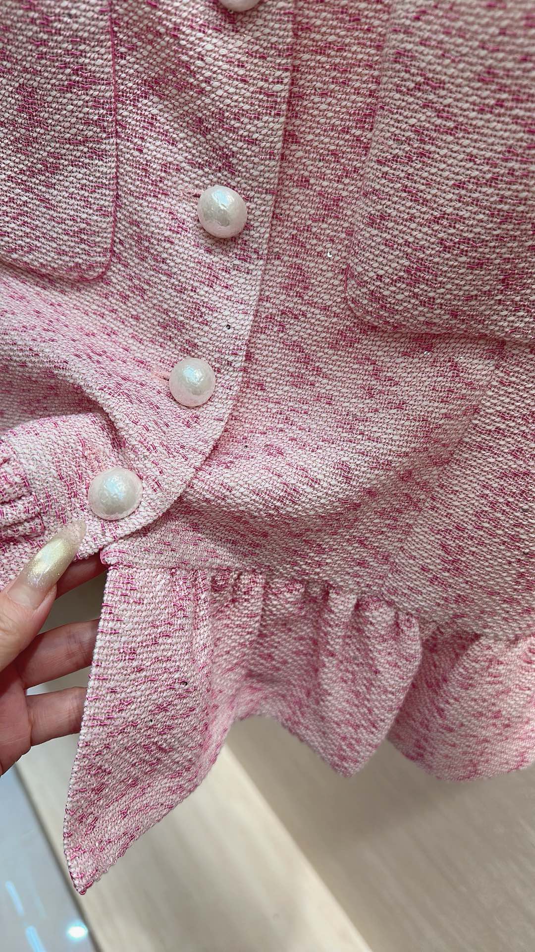 CC Cherry Blossom Pink Ruffled Blouse in Tweed 385112