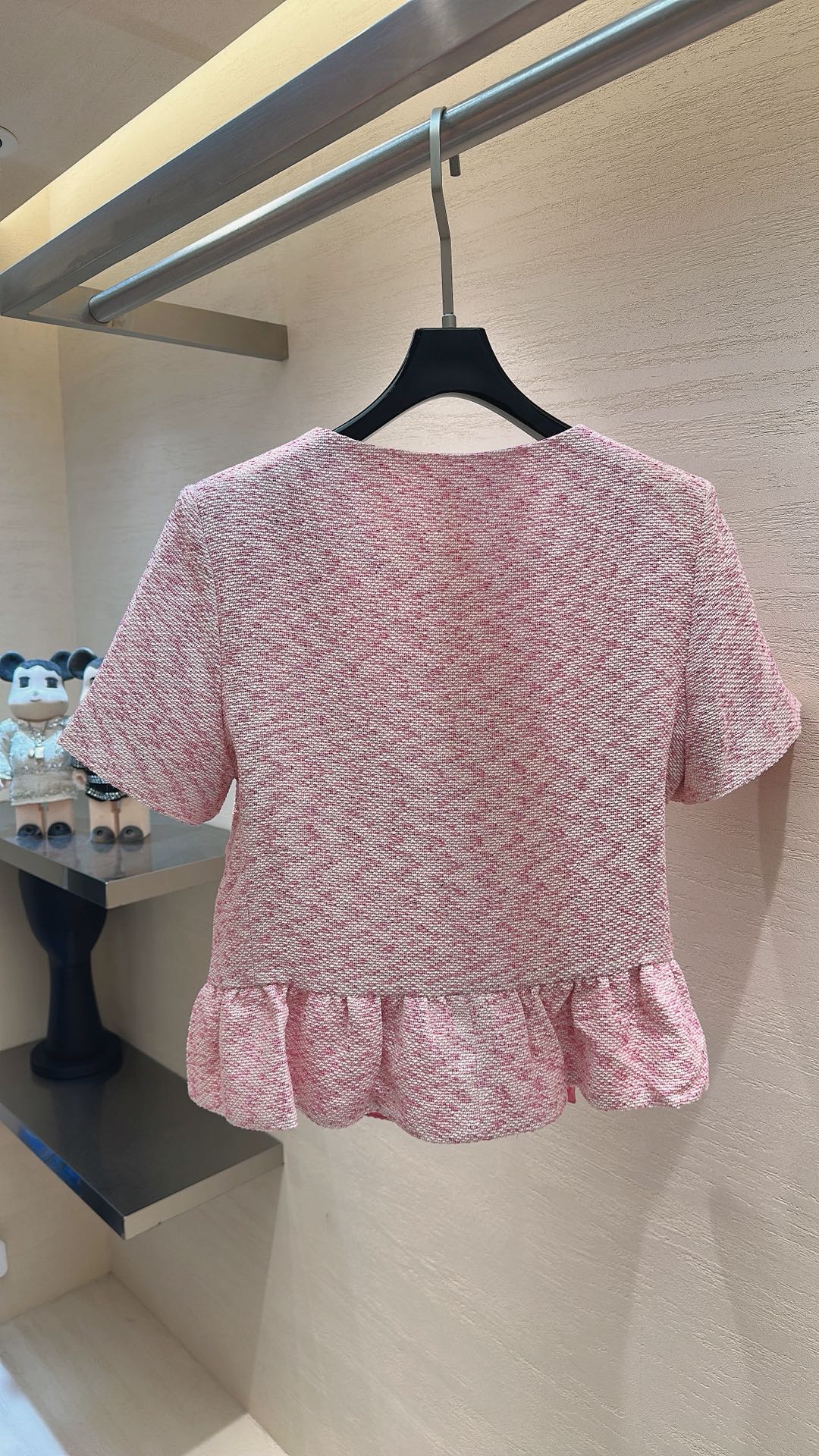 CC Cherry Blossom Pink Ruffled Blouse in Tweed 385112