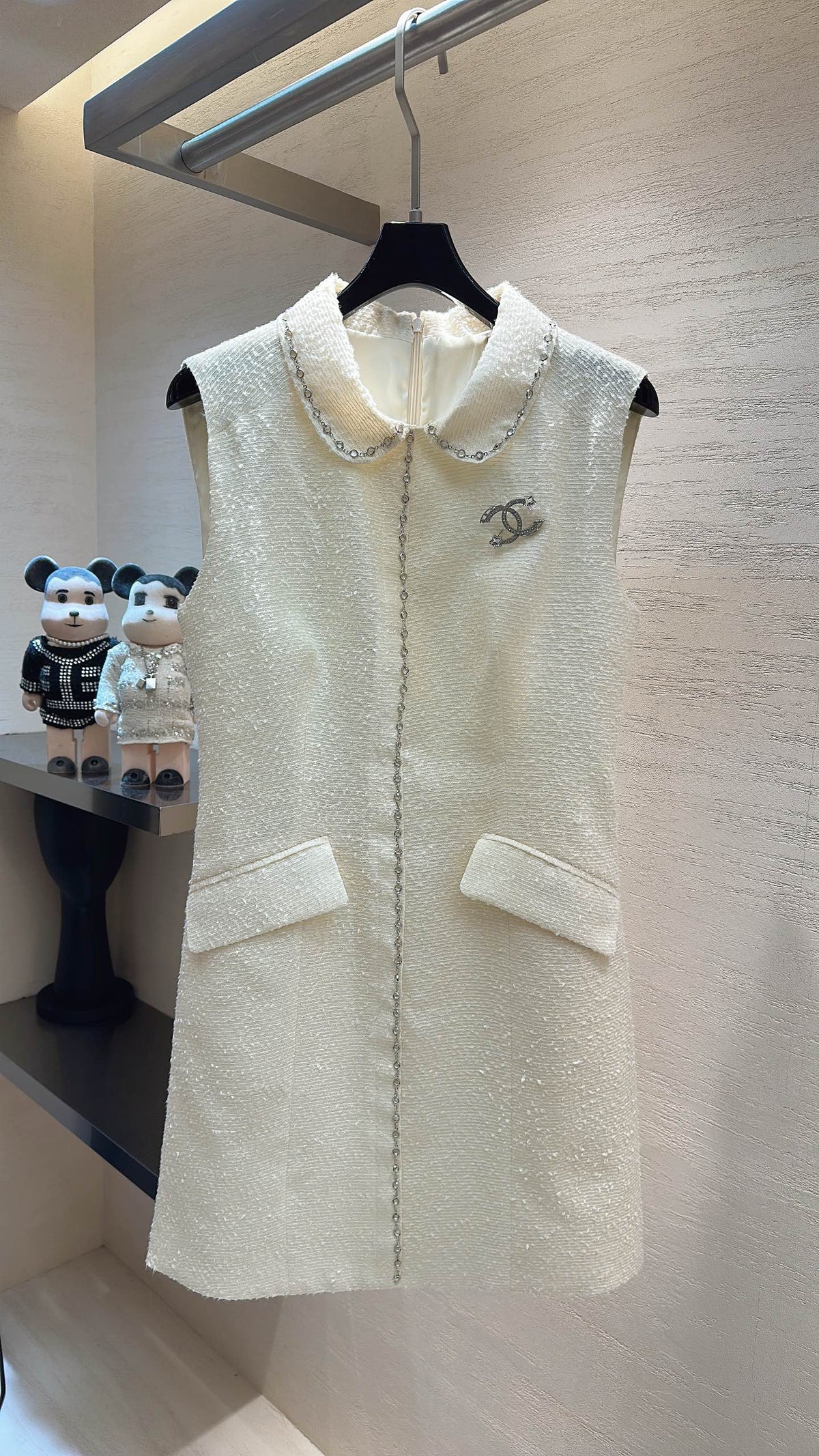 CC Moonlight White Diamond-Embellished Vest Dress in Tweed