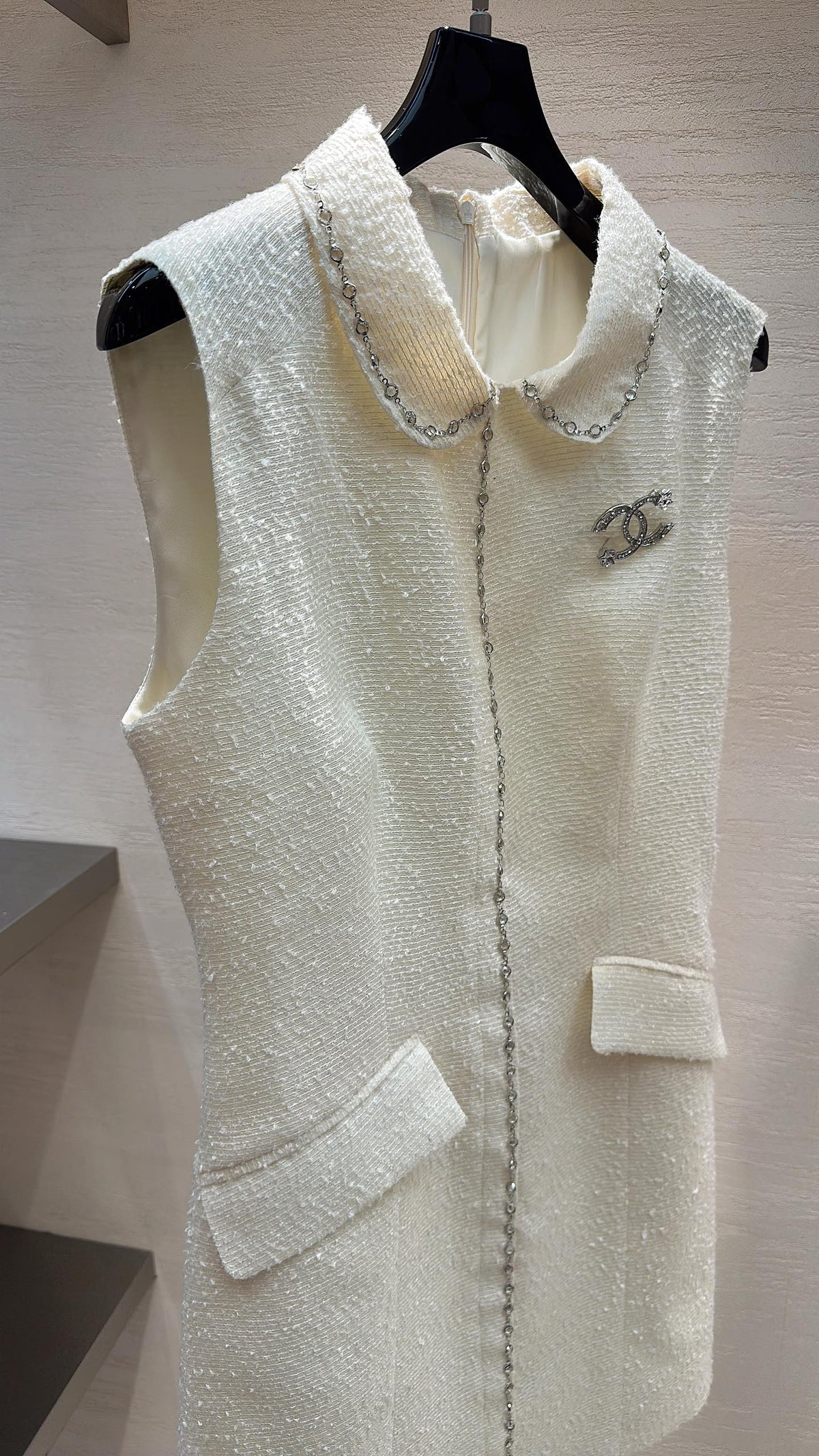 CC Moonlight White Diamond-Embellished Vest Dress in Tweed