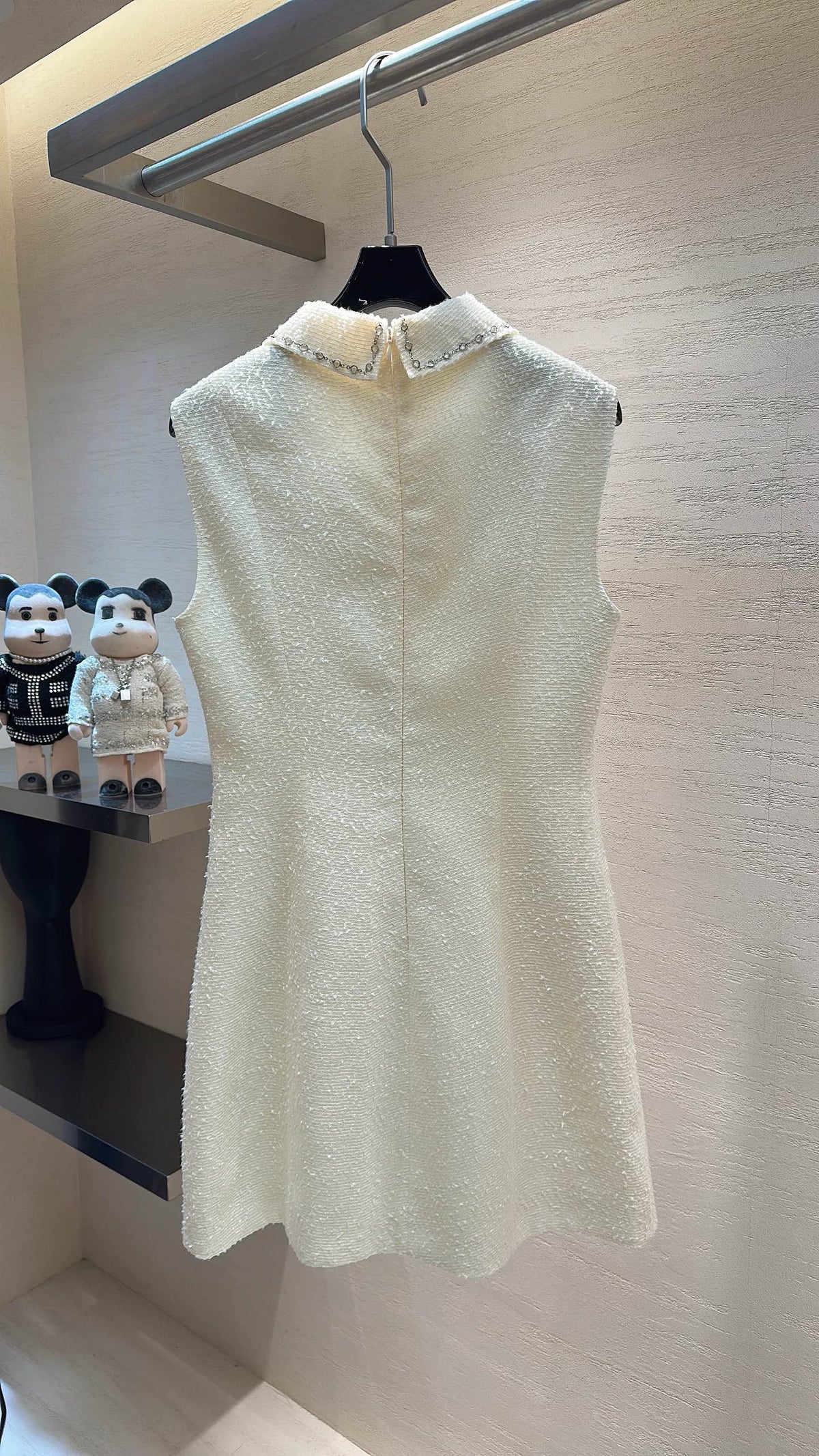 CC Moonlight White Diamond-Embellished Vest Dress in Tweed