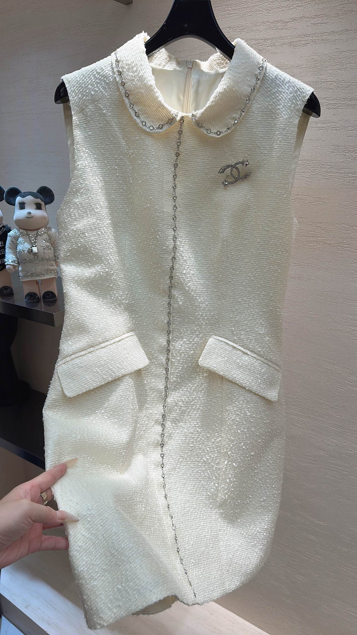 CC Moonlight White Diamond-Embellished Vest Dress in Tweed