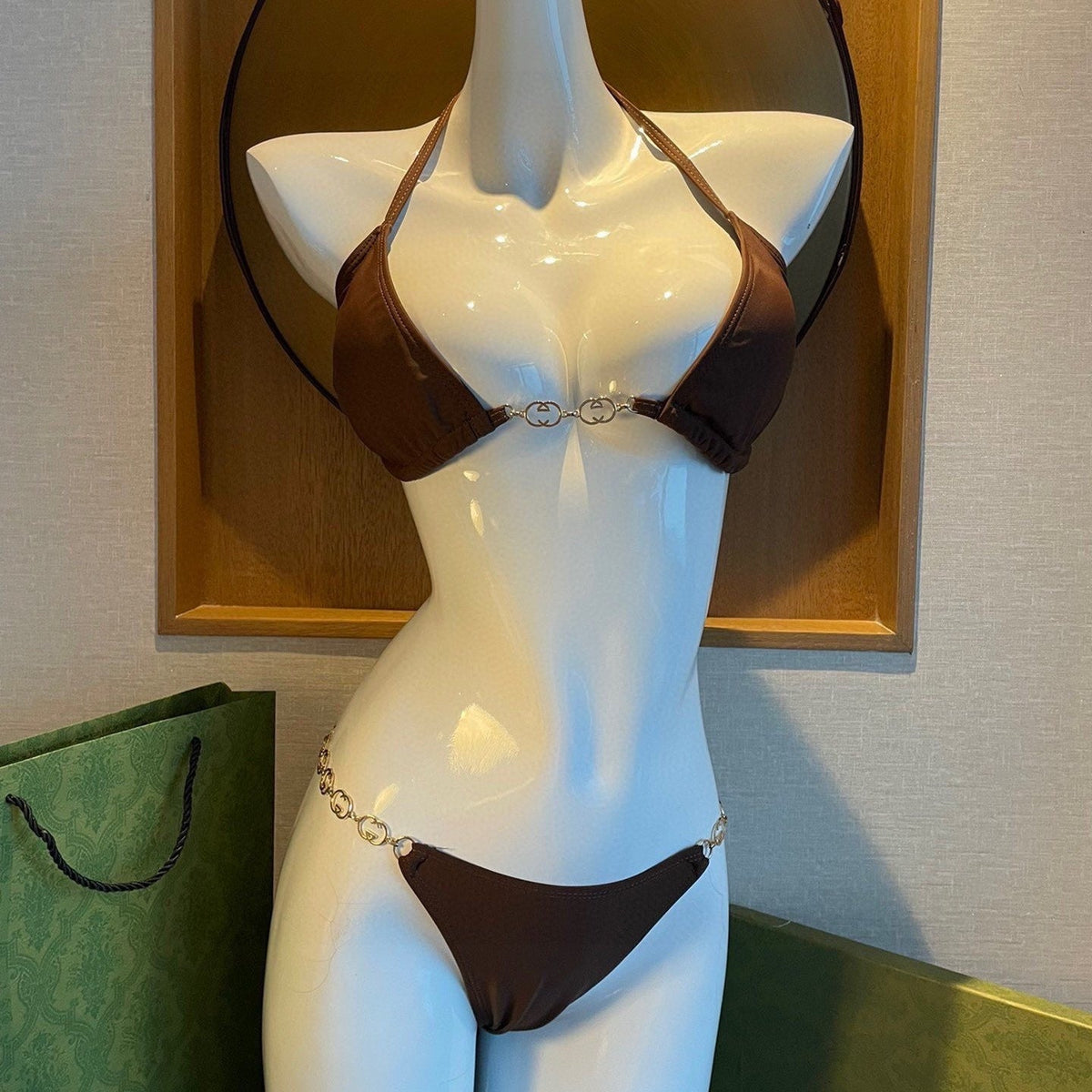 GG 26s Swimsuit Brown Featuring Gold Chain Link in Polyamide 241848