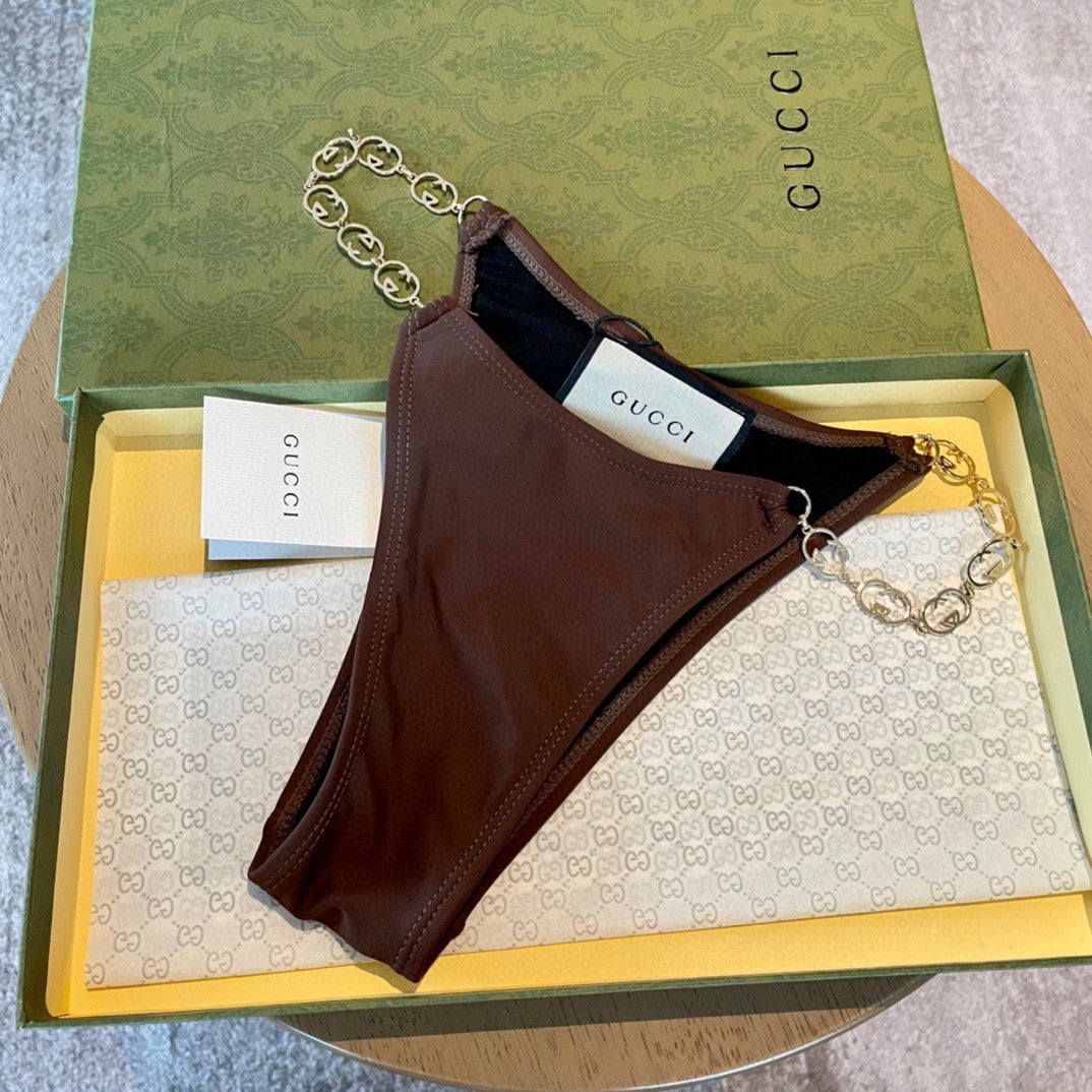 GG 26s Swimsuit Brown Featuring Gold Chain Link in Polyamide 241848