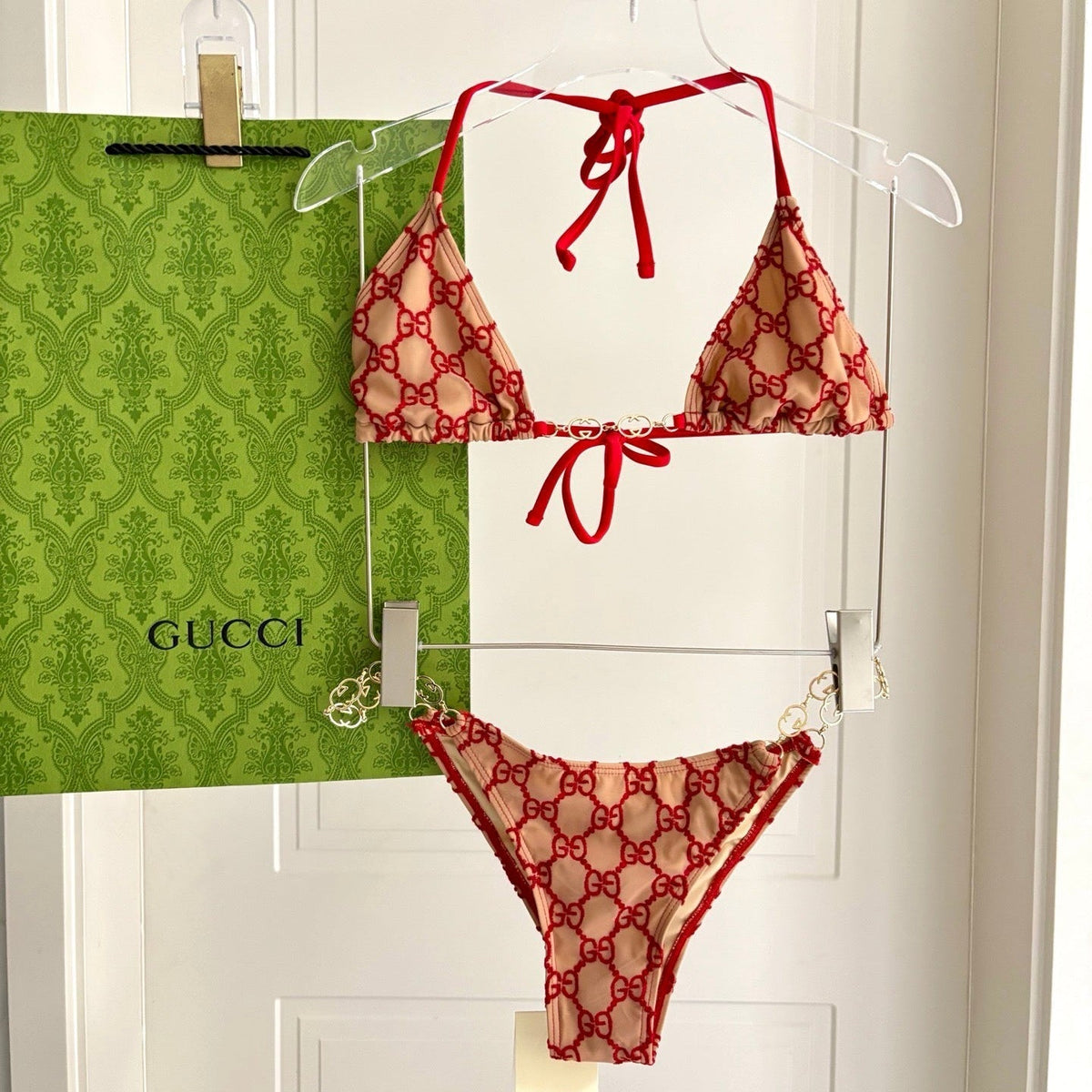 GG Beige Bikini Featuring Red Embroidered with Gold Chain Detail in Polyamide 241844