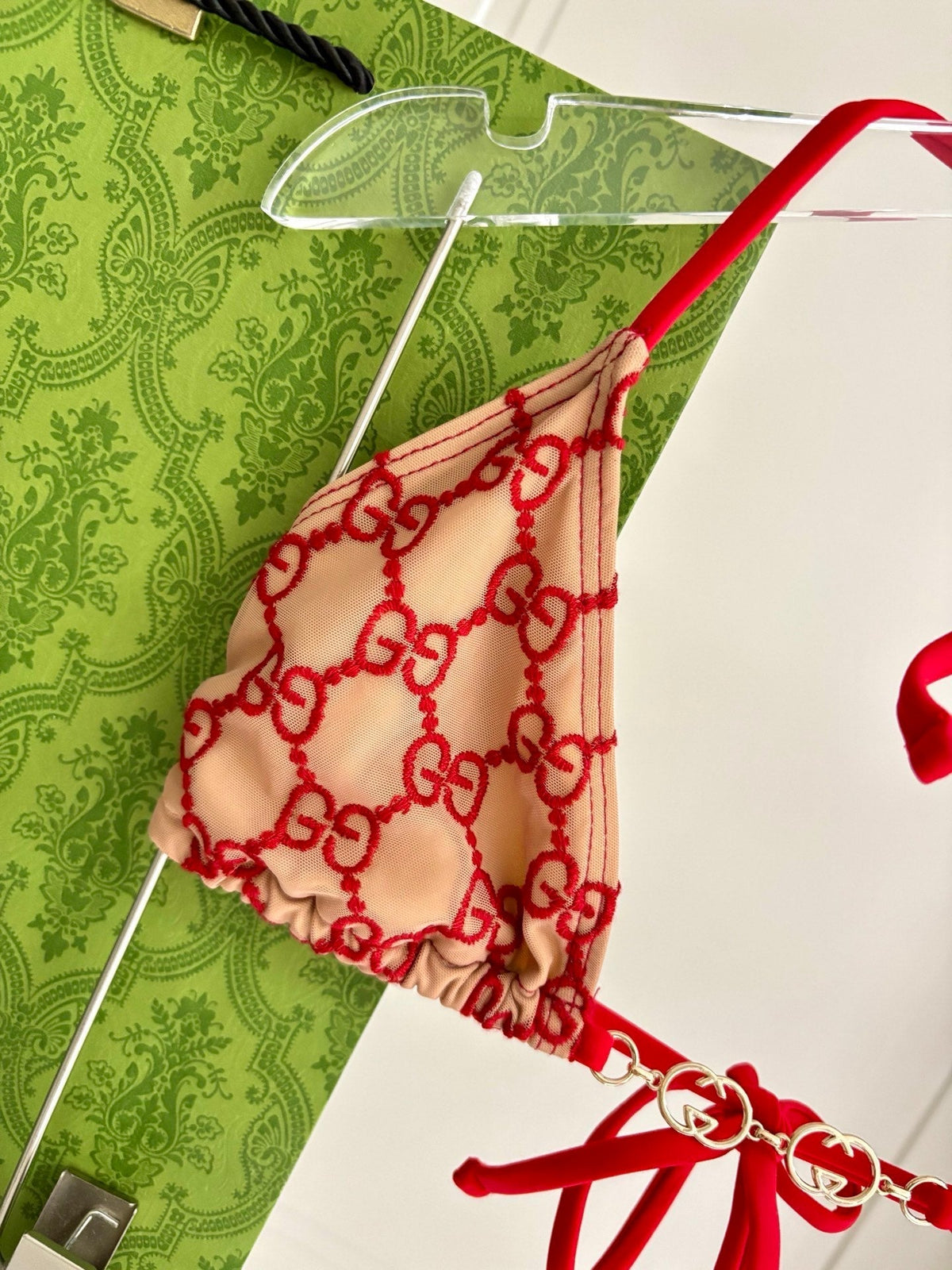 GG Beige Bikini Featuring Red Embroidered with Gold Chain Detail in Polyamide 241844