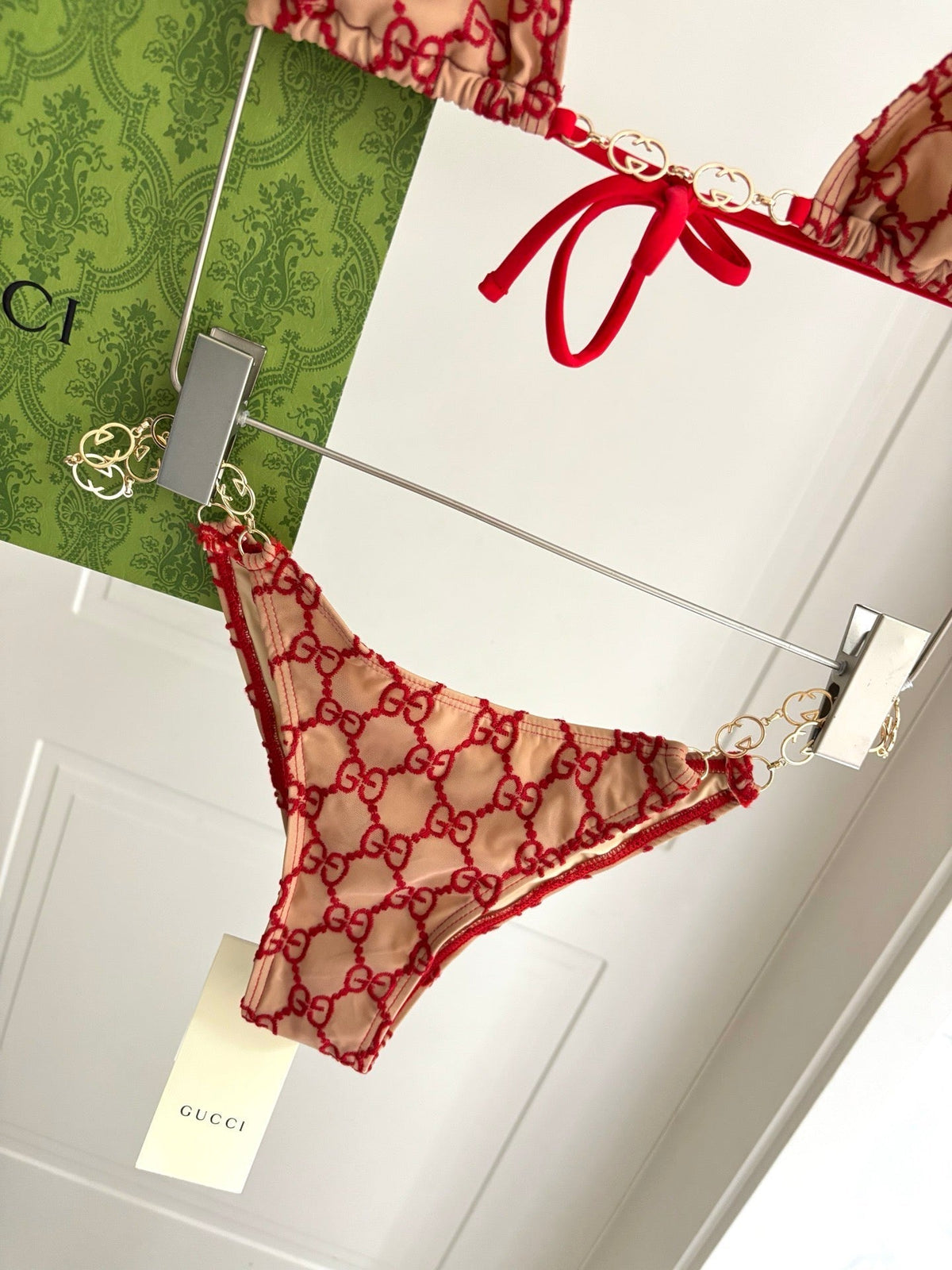 GG Beige Bikini Featuring Red Embroidered with Gold Chain Detail in Polyamide 241844