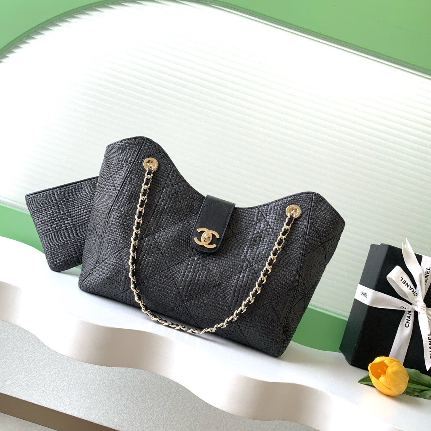 CC 26 Shopping Bag 40cm Black in Straw Woven 155651