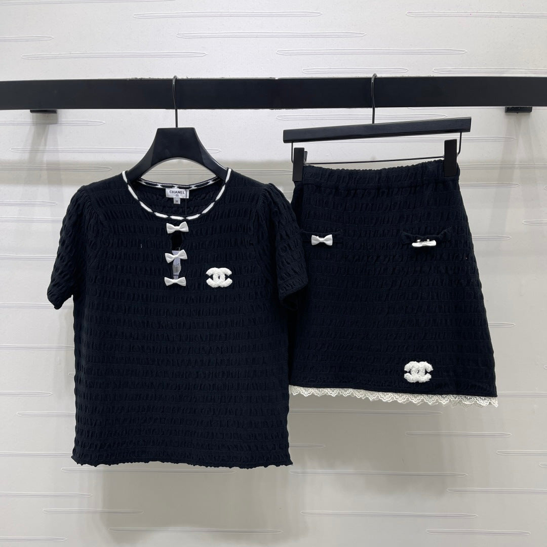 CC Bow-Tie Round Neck Knit Short-Sleeve Dress Set Navy Blue in Viscose 387004