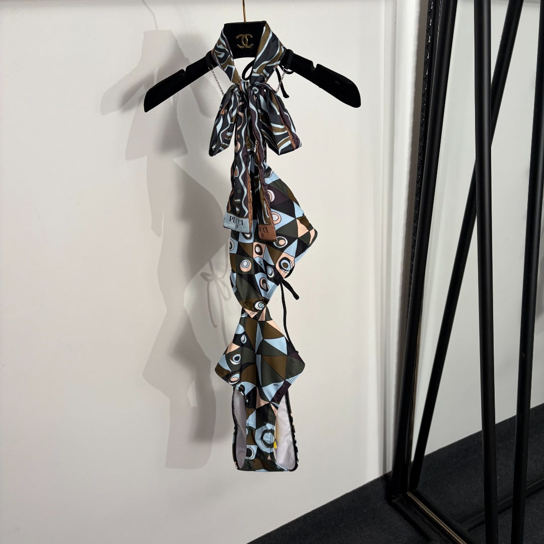 Pucci Color Block Print Bikini Tie-Up One-Piece Swimsuit in Cotton 454940