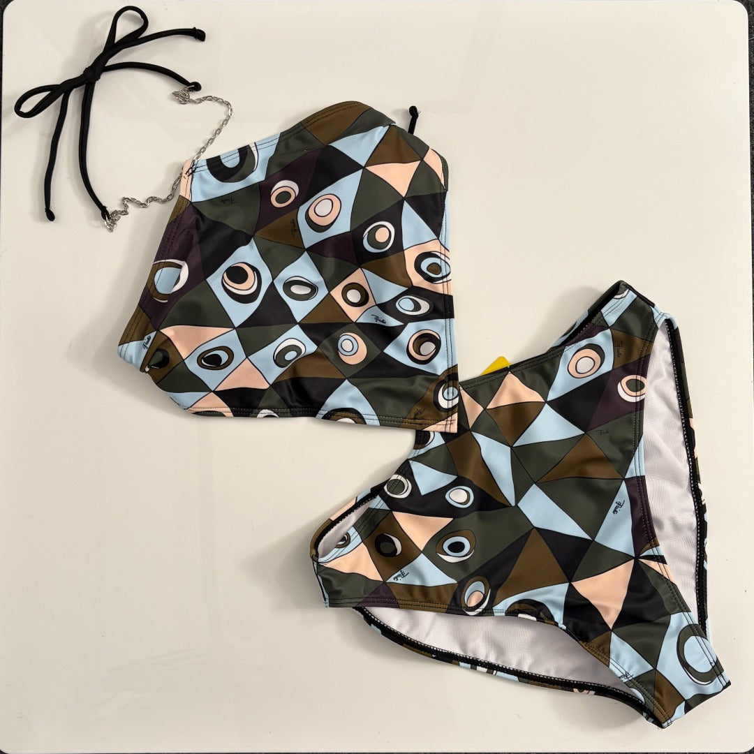 Pucci Color Block Print Bikini Tie-Up One-Piece Swimsuit in Cotton 454940