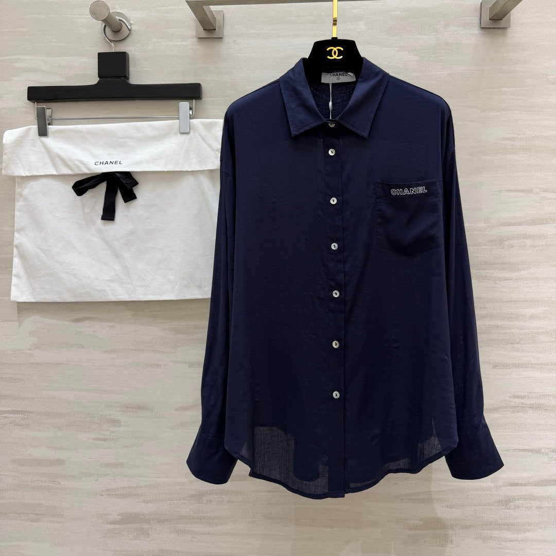 CC 26 Breeze Shirt Navy Blue in Cotton-linen Fabric 388728