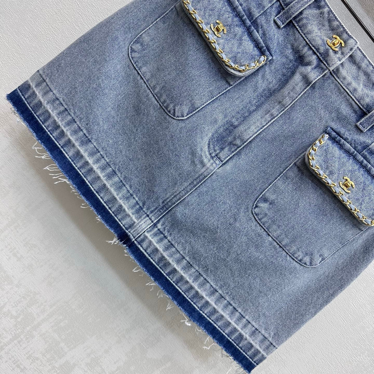 CC 26 Fringe-Edge Denim Midi Skirt Blue in Cotton 389542