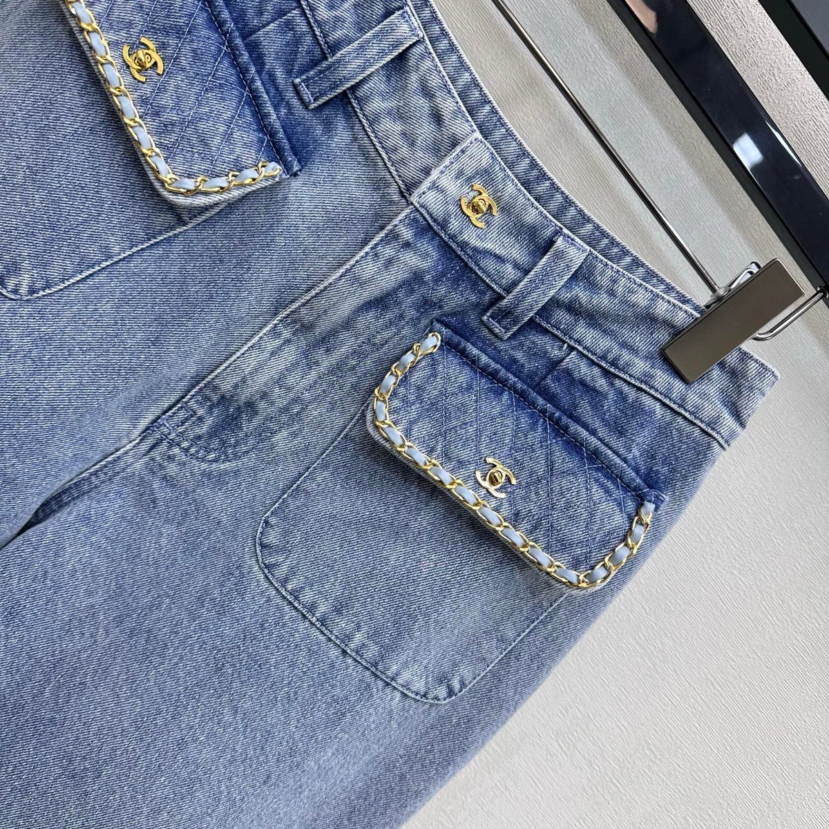 CC 26 Fringe-Edge Denim Pants Blue in Cotton 389540