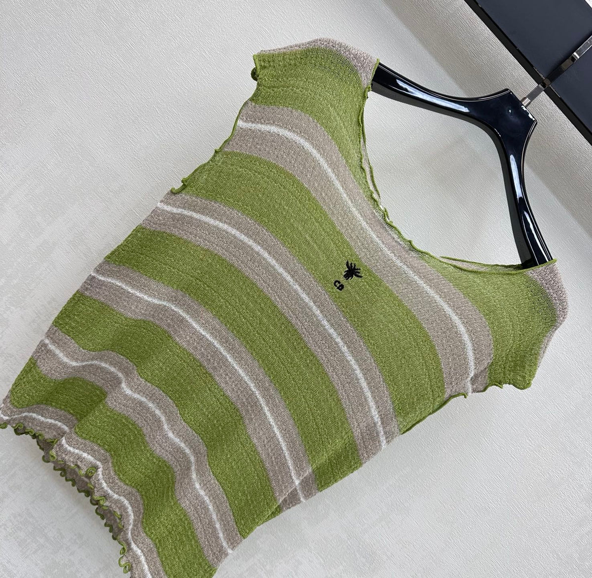 CD 26 Striped Flutter Sleeve Crew Neck Knit Top Green in Acrylic 389638