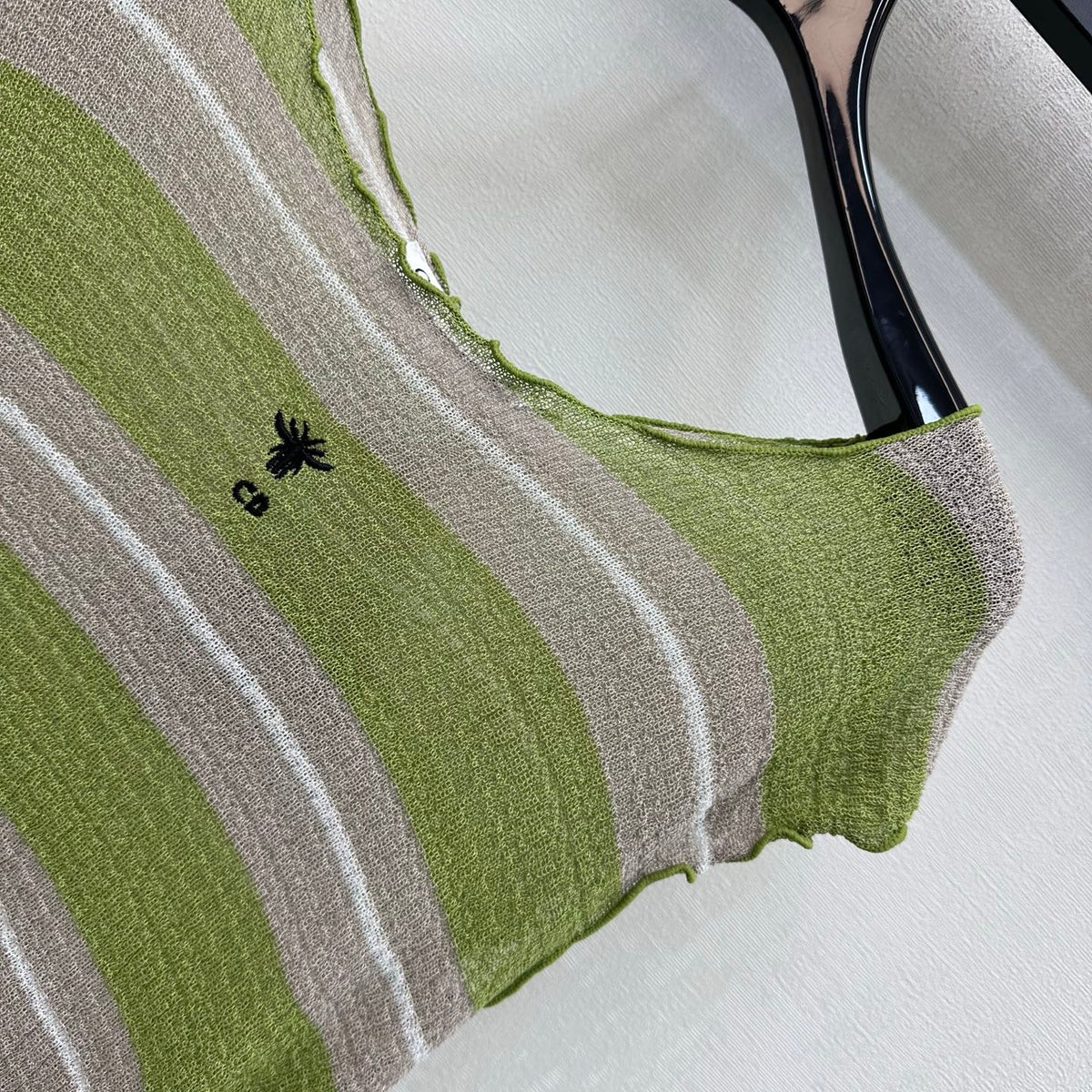 CD 26 Striped Flutter Sleeve Crew Neck Knit Top Green in Acrylic 389638