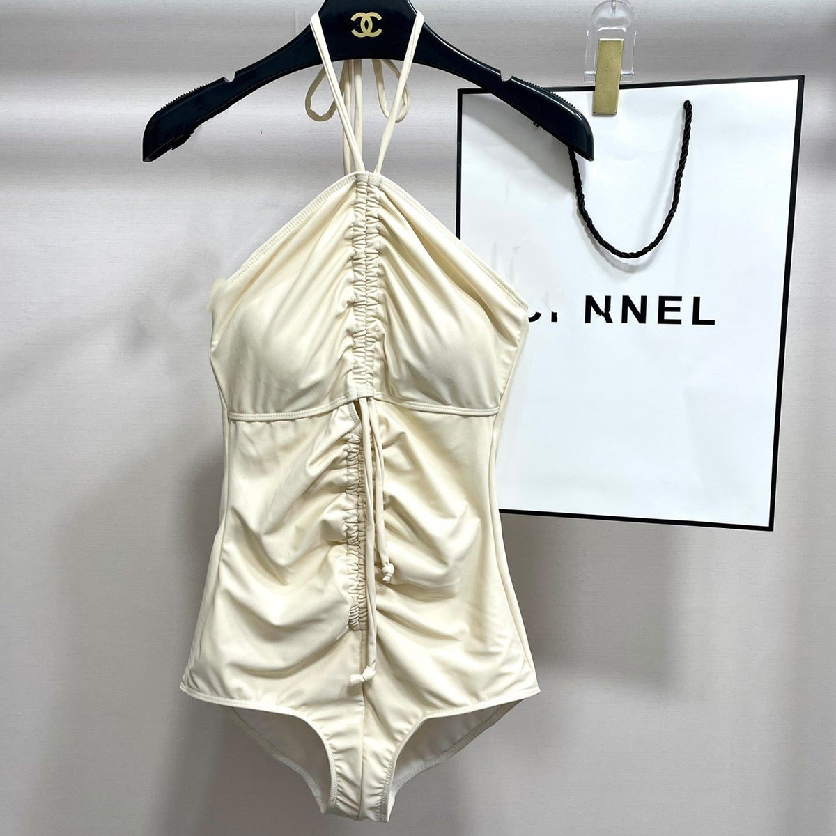 CC One-Piece Bikini in Off White with Drawstring Detail