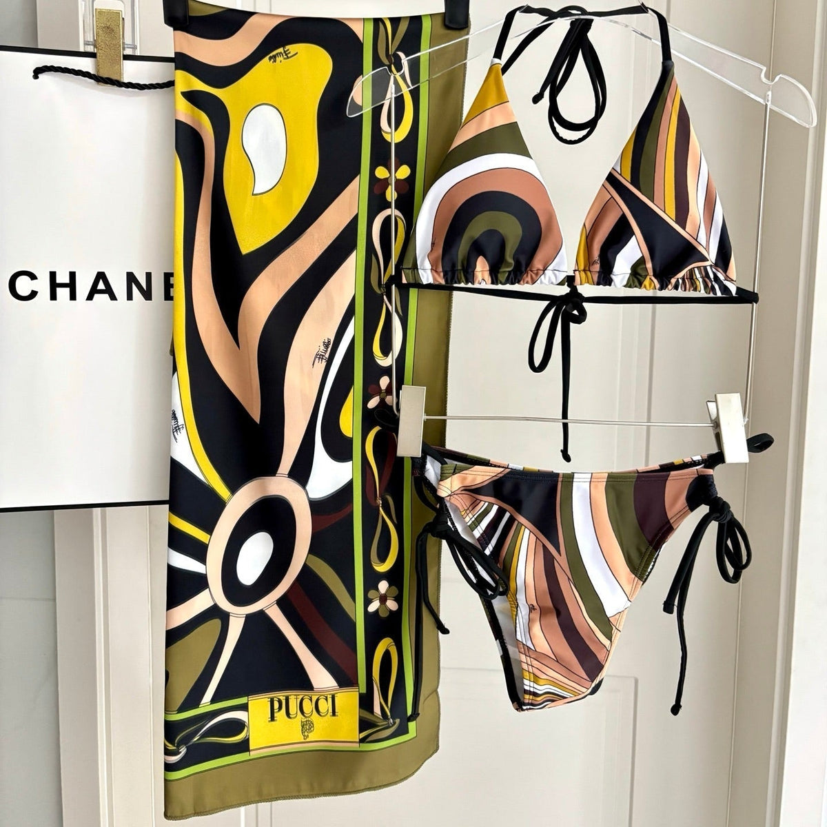 Pucci 3-Piece Swimwear Set Khaki Black White Marmo Print 228095
