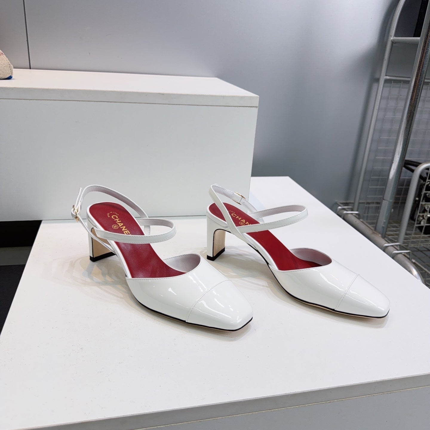 CC Block Heel Slingback Pumps 6.5cm White Patent Calfskin Leather 842772