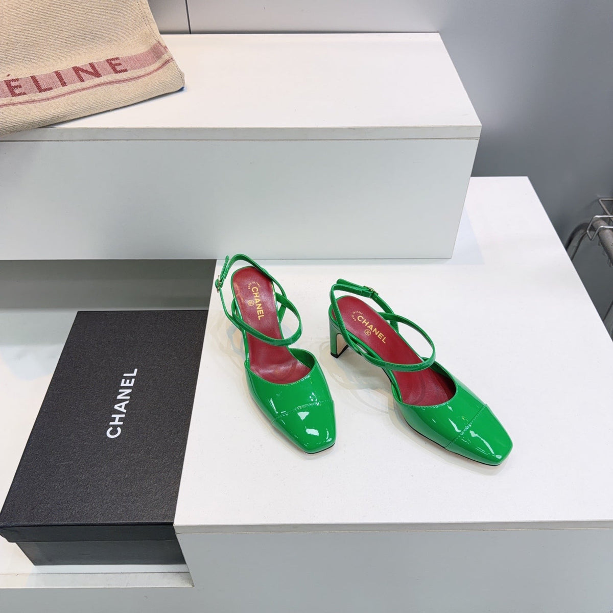 CC Block Heel Slingback Pumps 6.5cm Green Patent Calfskin Leather 842770