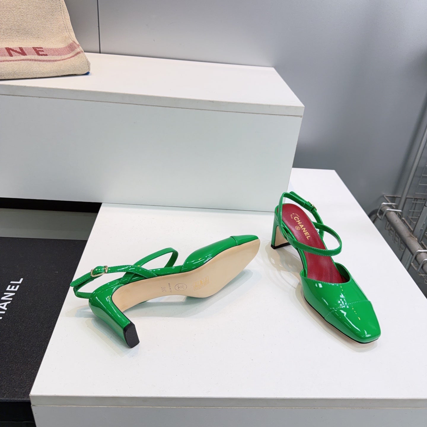 CC Block Heel Slingback Pumps 6.5cm Green Patent Calfskin Leather 842770
