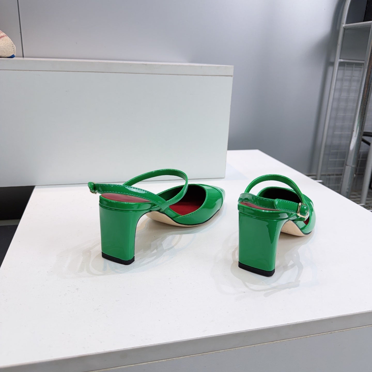 CC Block Heel Slingback Pumps 6.5cm Green Patent Calfskin Leather 842770
