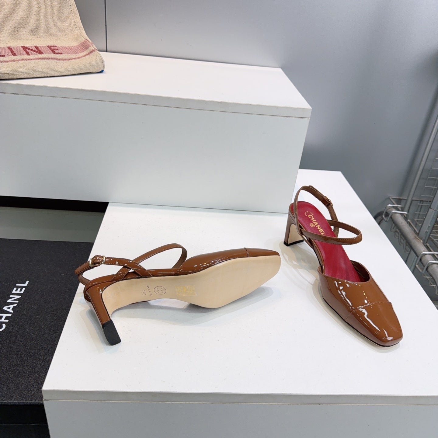 CC Block Heel Slingback Pumps 6.5cm Caramel Brown Patent Calfskin Leather 842769