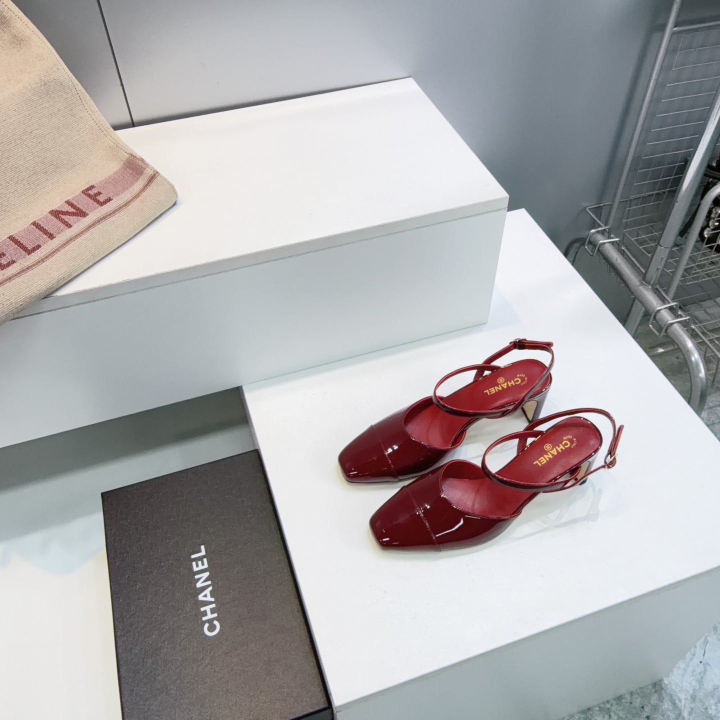 CC Block Heel Slingback Pumps 6.5cm Burgundy Patent Calfskin Leather 842768