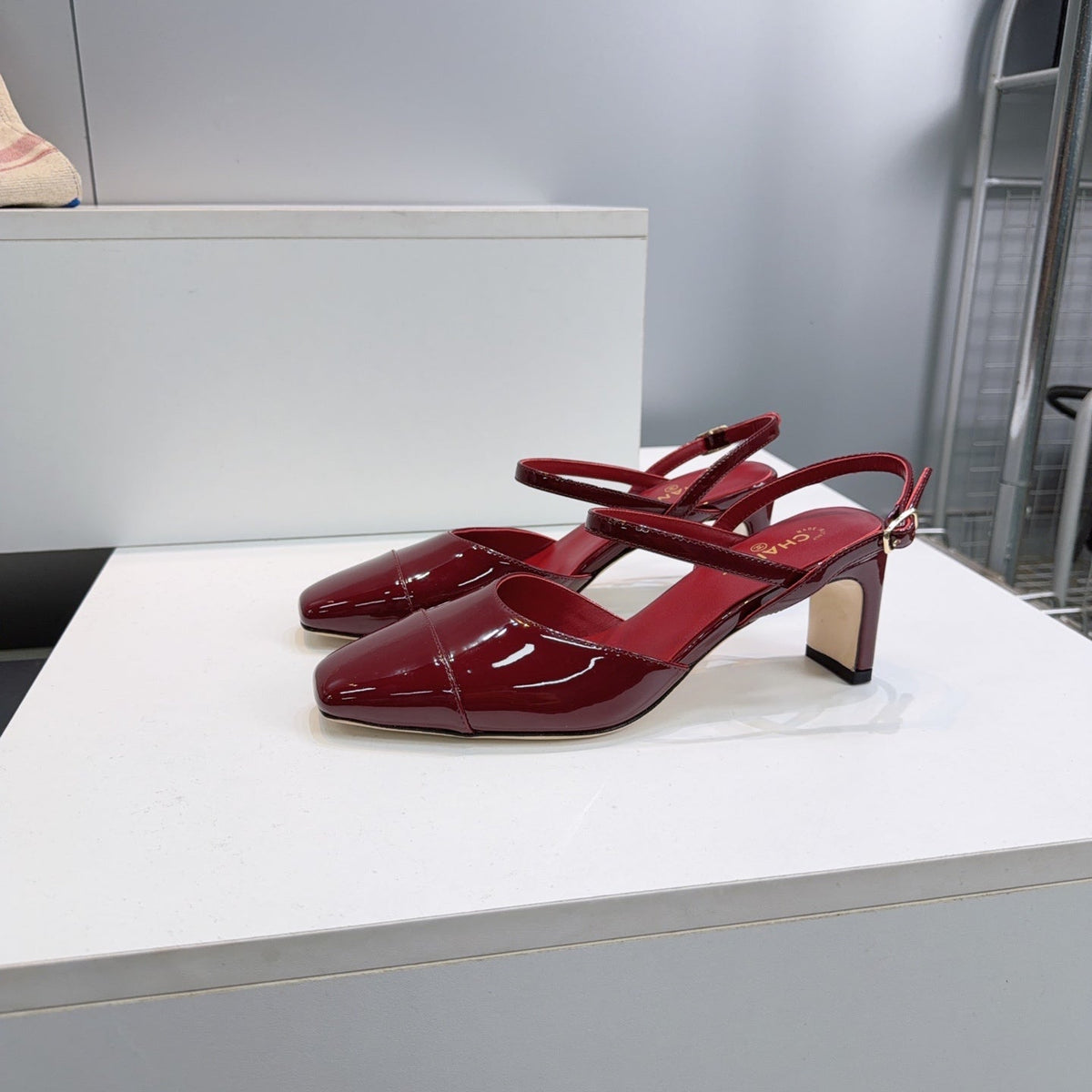 CC Block Heel Slingback Pumps 6.5cm Burgundy Patent Calfskin Leather 842768