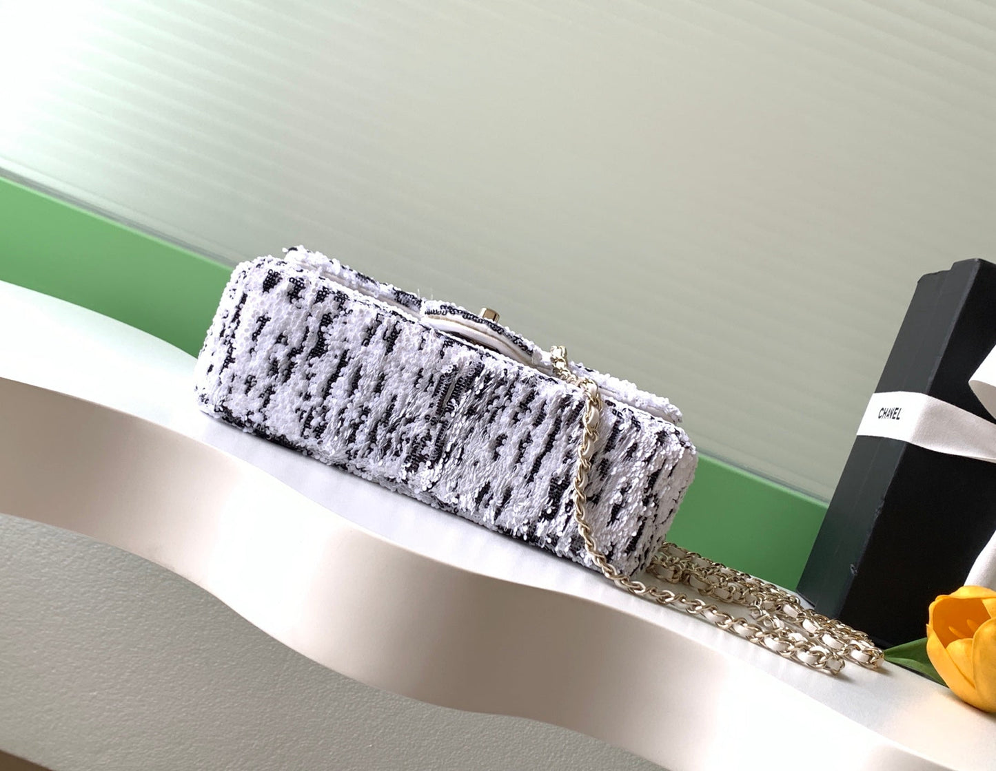 CC Flap Bag 21cm Black White Sequin Gold Hardware 157767