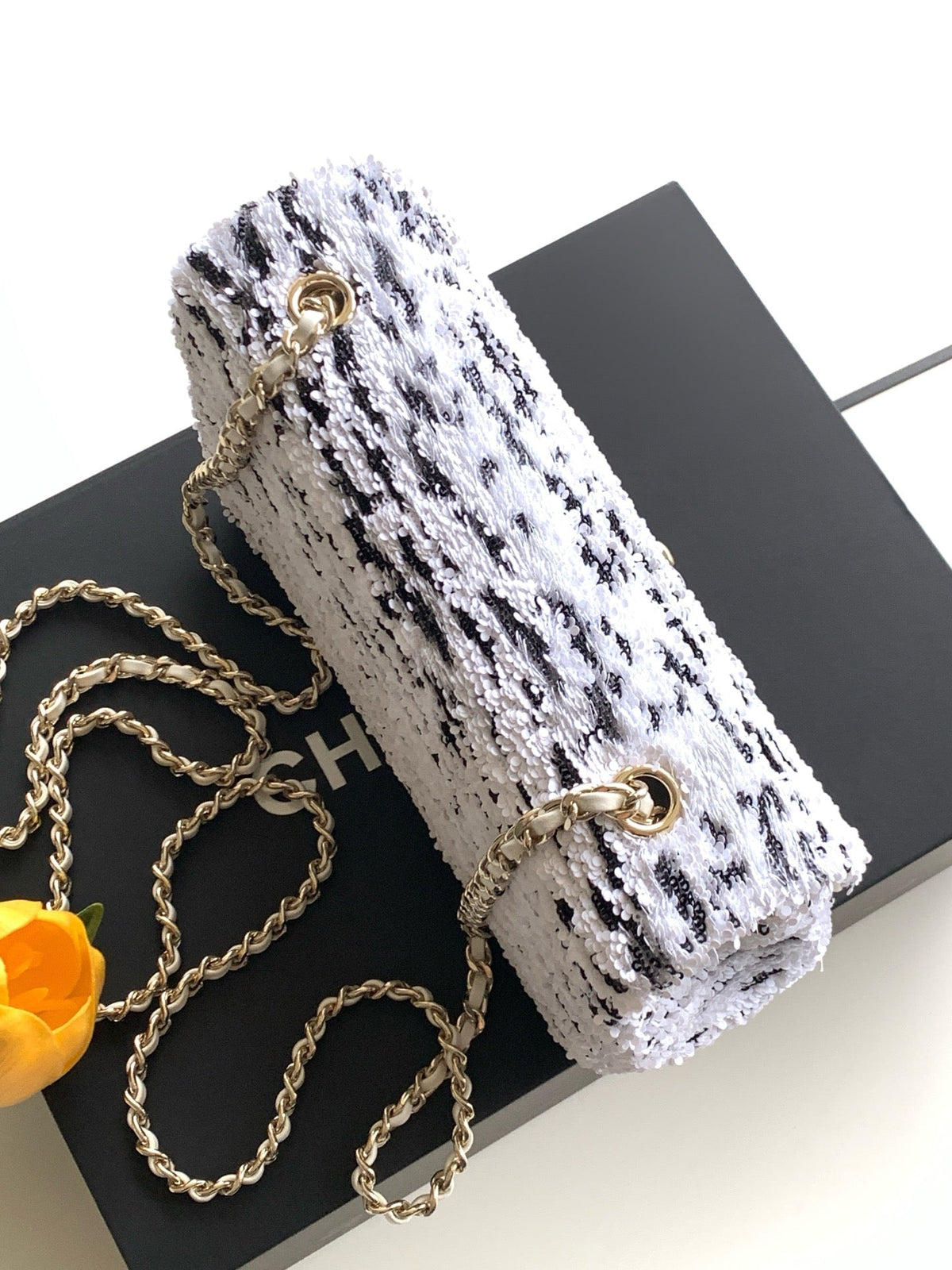 CC Flap Bag 21cm Black White Sequin Gold Hardware 157767
