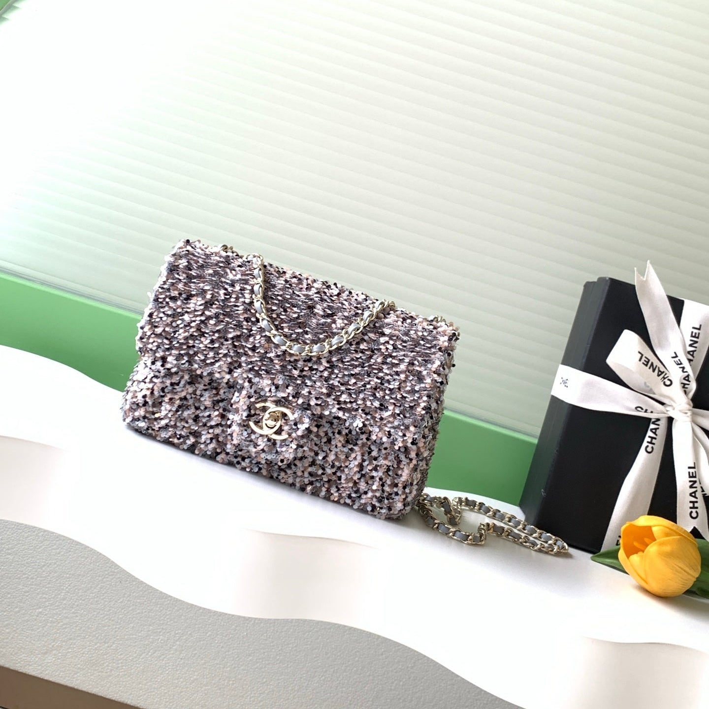 CC Flap Bag 21cm Pink Silver Sequin Gold Hardware 157765