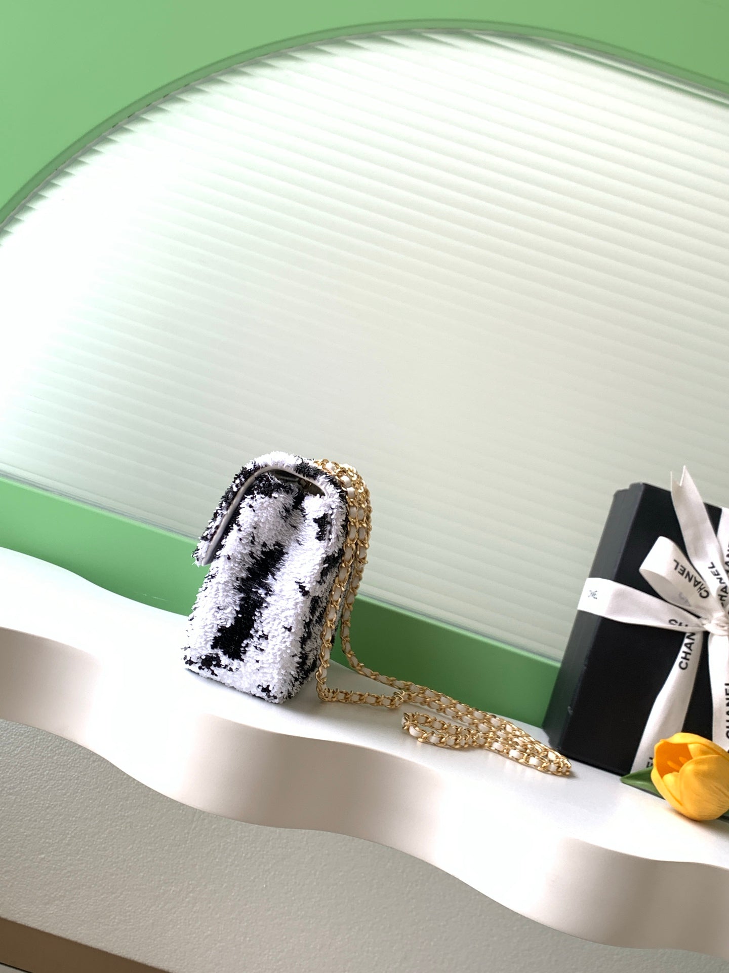 CC Flap Bag 21cm White Black Sequin Gold Hardware 157764