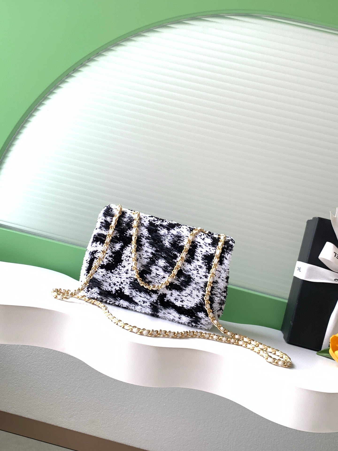 CC Flap Bag 21cm White Black Sequin Gold Hardware 157764