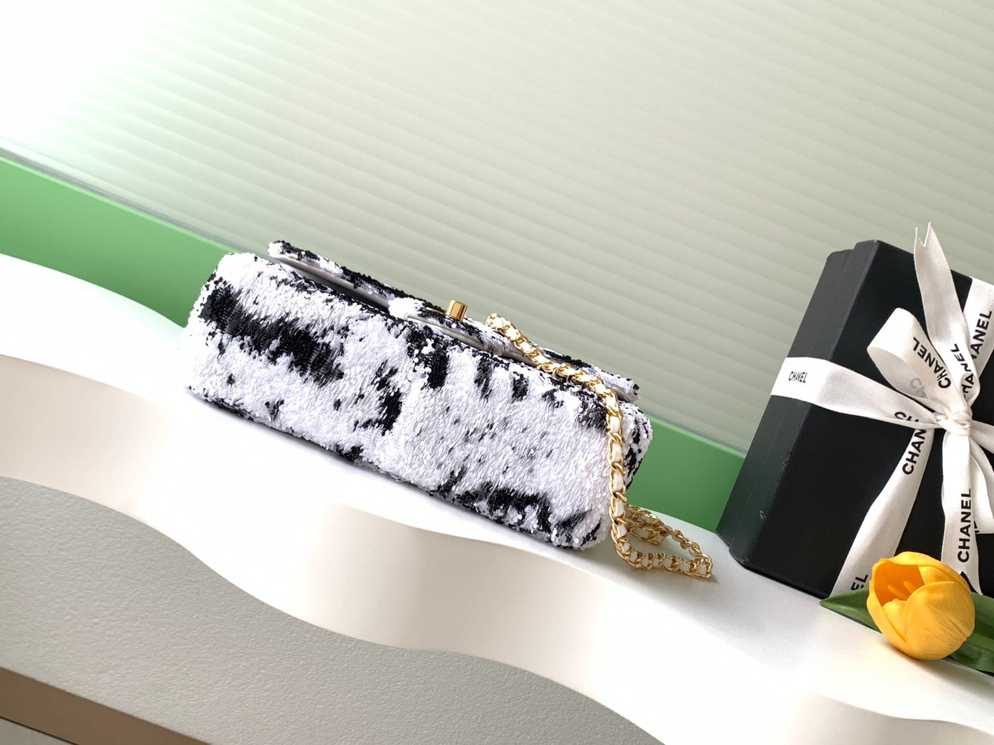 CC Flap Bag 21cm White Black Sequin Gold Hardware 157764