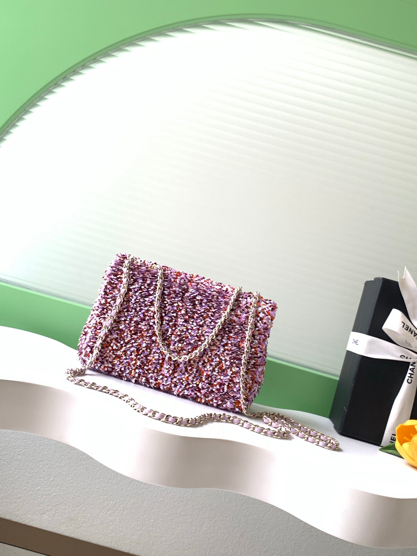 CC Flap Bag 21cm Rose Pink Sequin Gold Hardware 157763