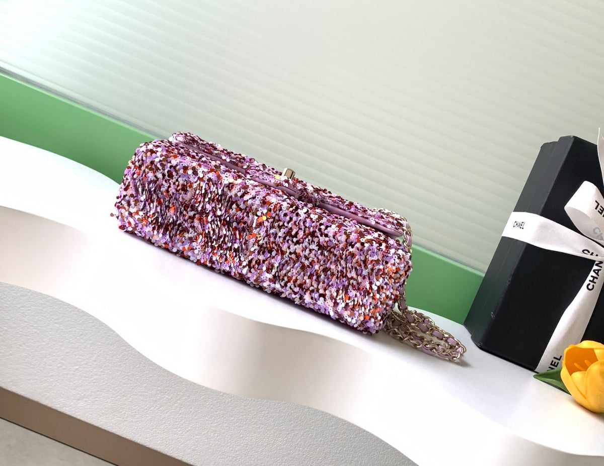 CC Flap Bag 21cm Rose Pink Sequin Gold Hardware 157763