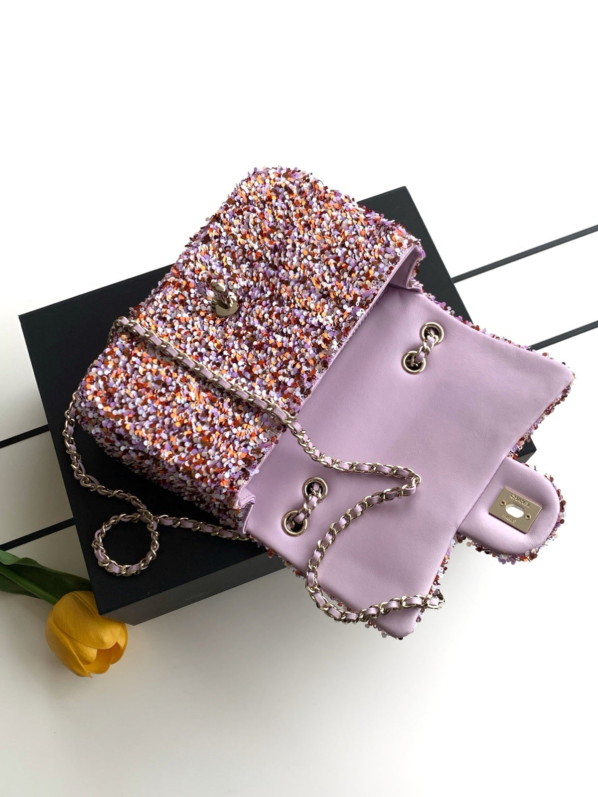 CC Flap Bag 21cm Rose Pink Sequin Gold Hardware 157763