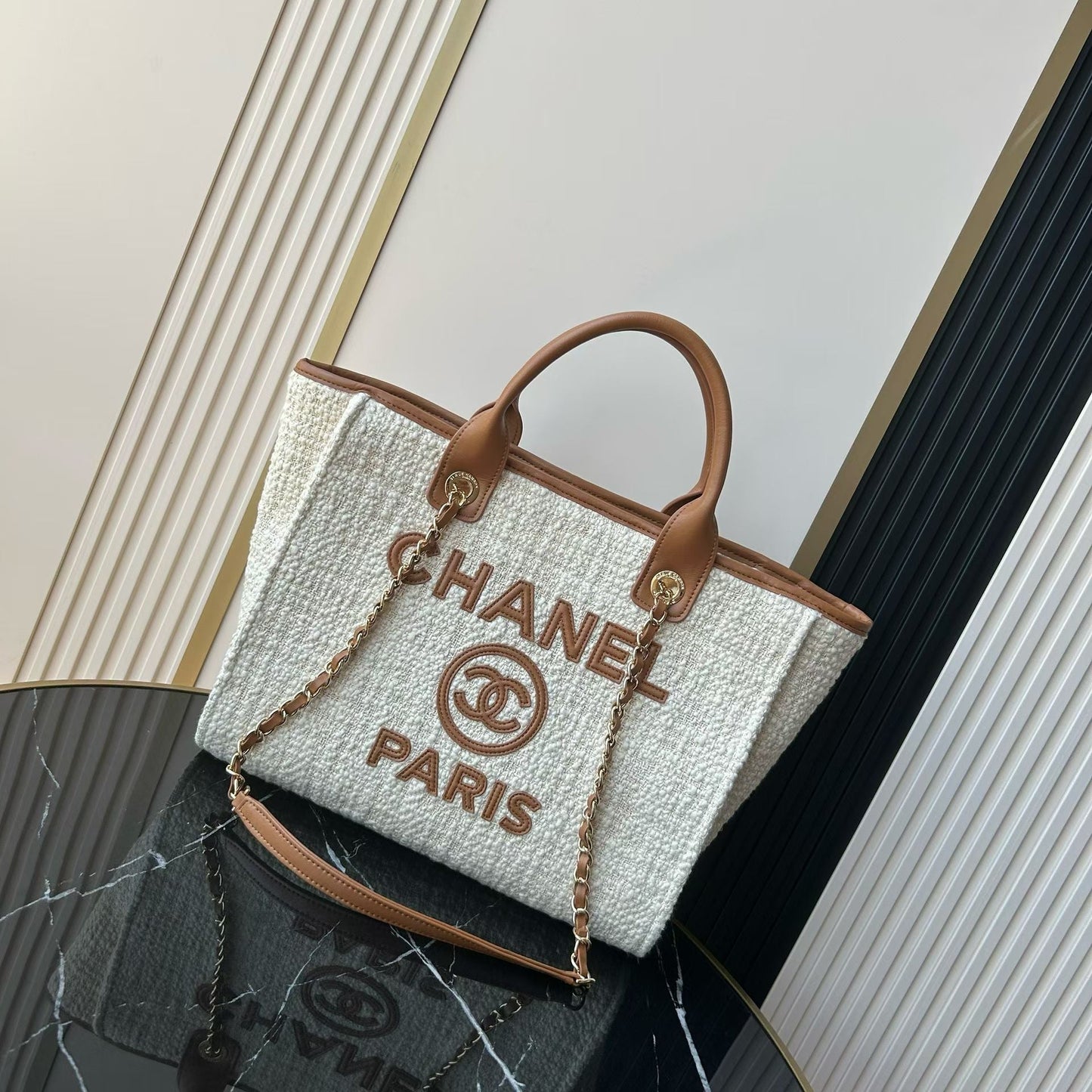CC Deauville Tote Bag White Brown Canvas & Calfskin