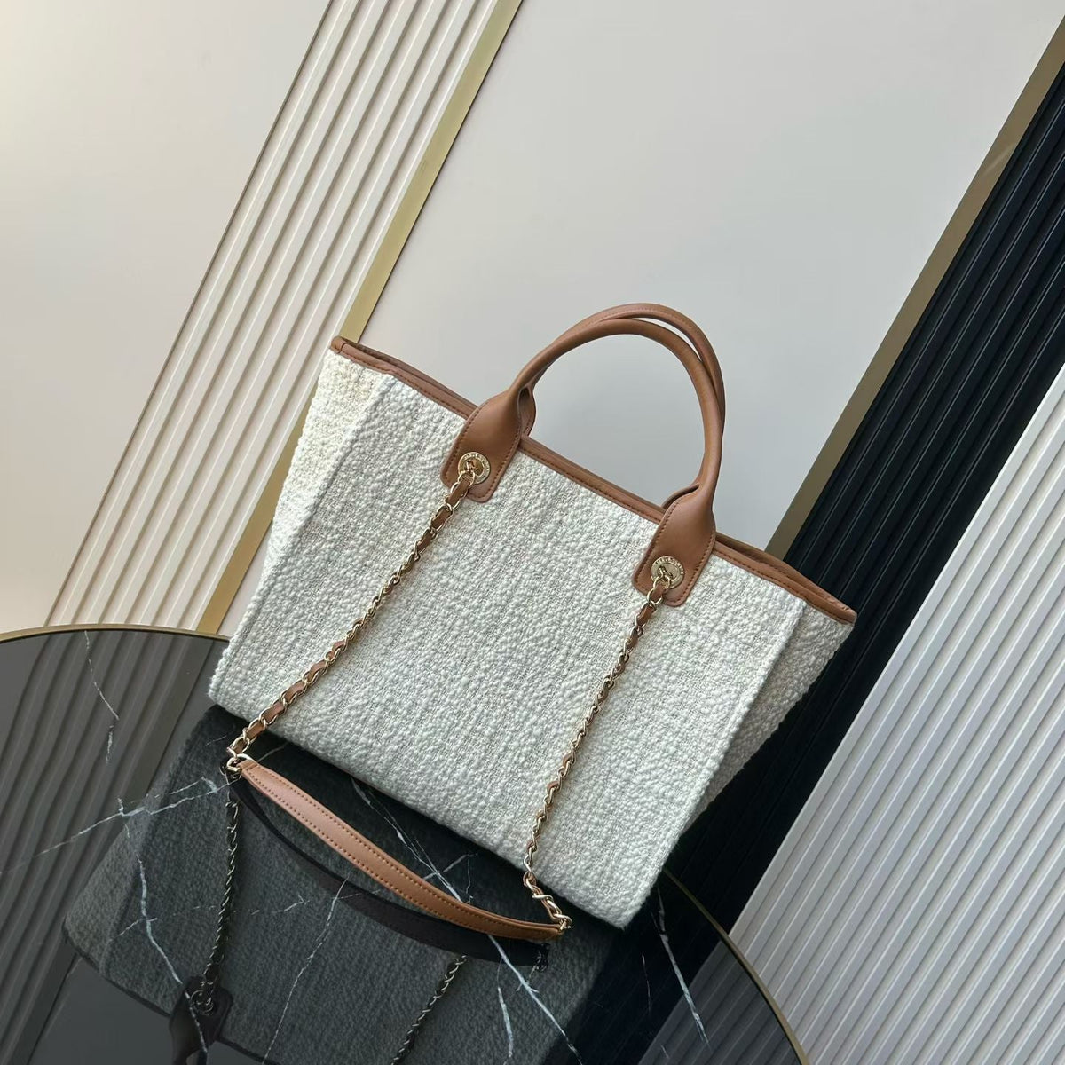 CC Deauville Tote Bag White Brown Canvas & Calfskin