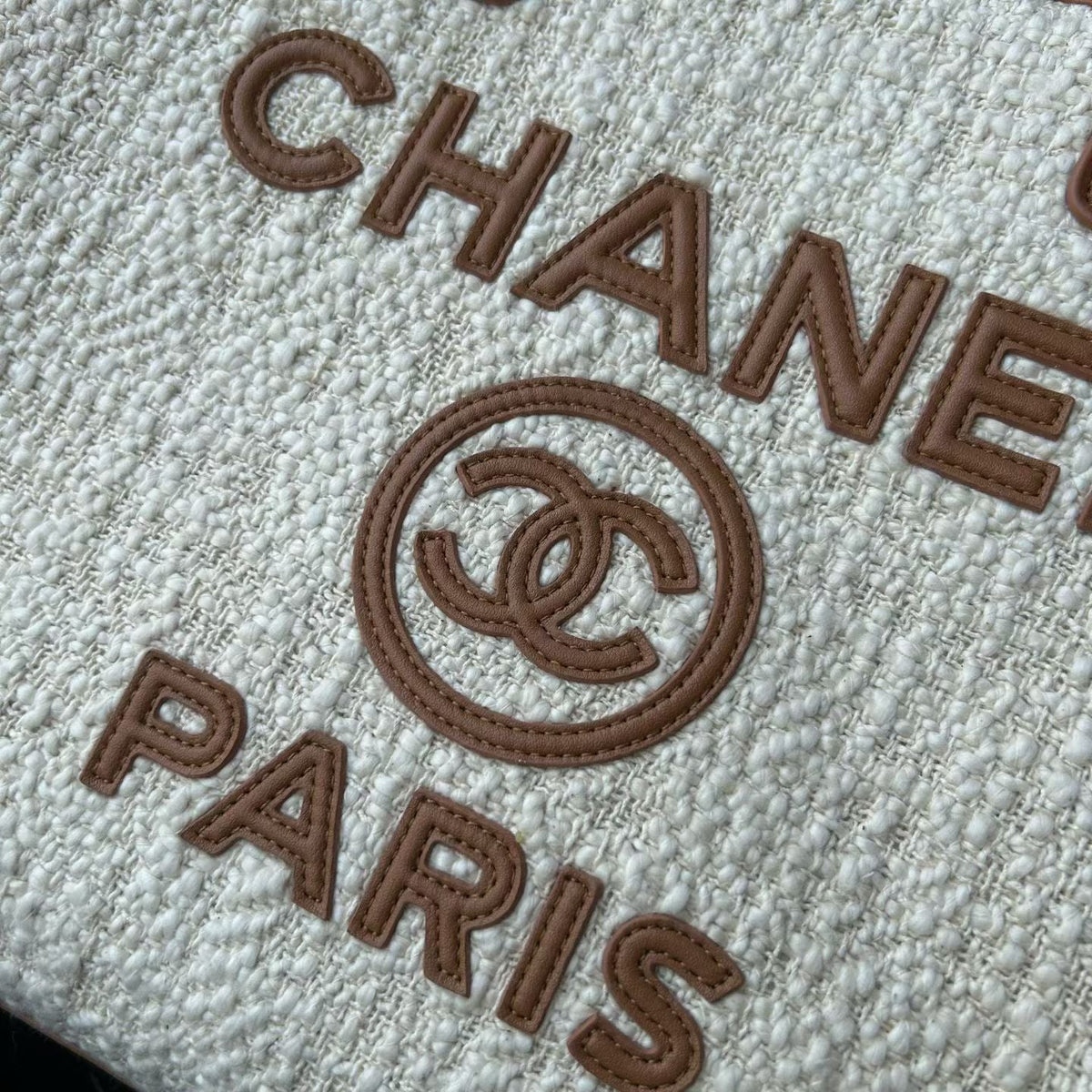 CC Deauville Tote Bag White Brown Canvas & Calfskin