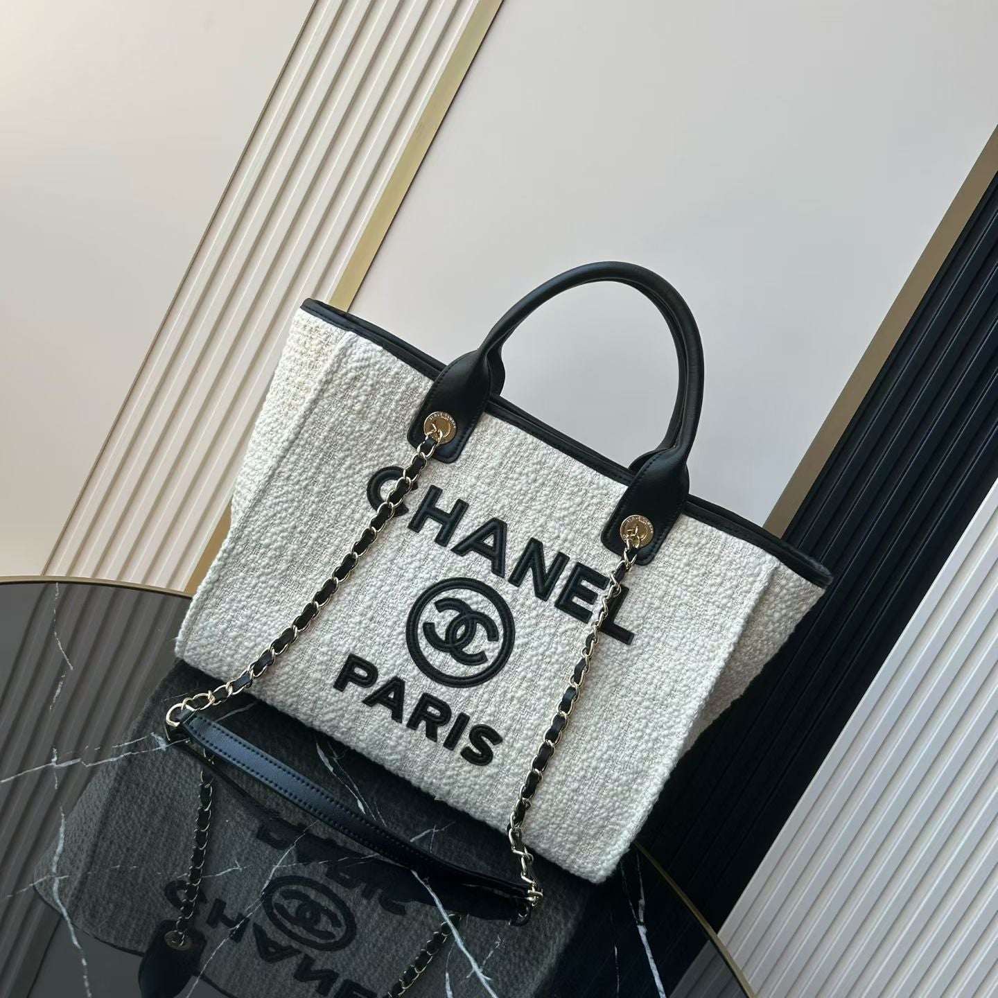 CC Deauville Tote Bag White Black Canvas & Calfskin