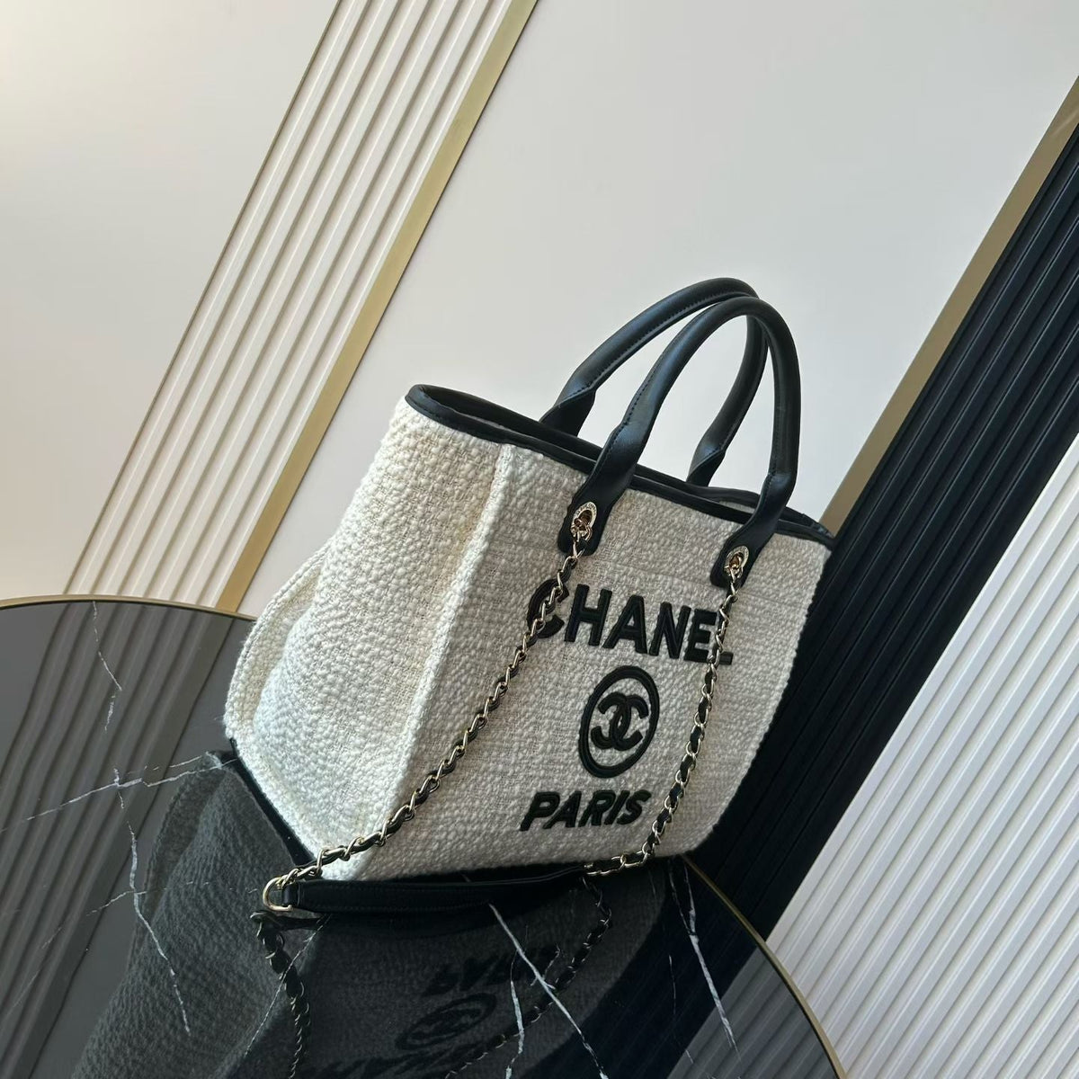 CC Deauville Tote Bag White Black Canvas & Calfskin