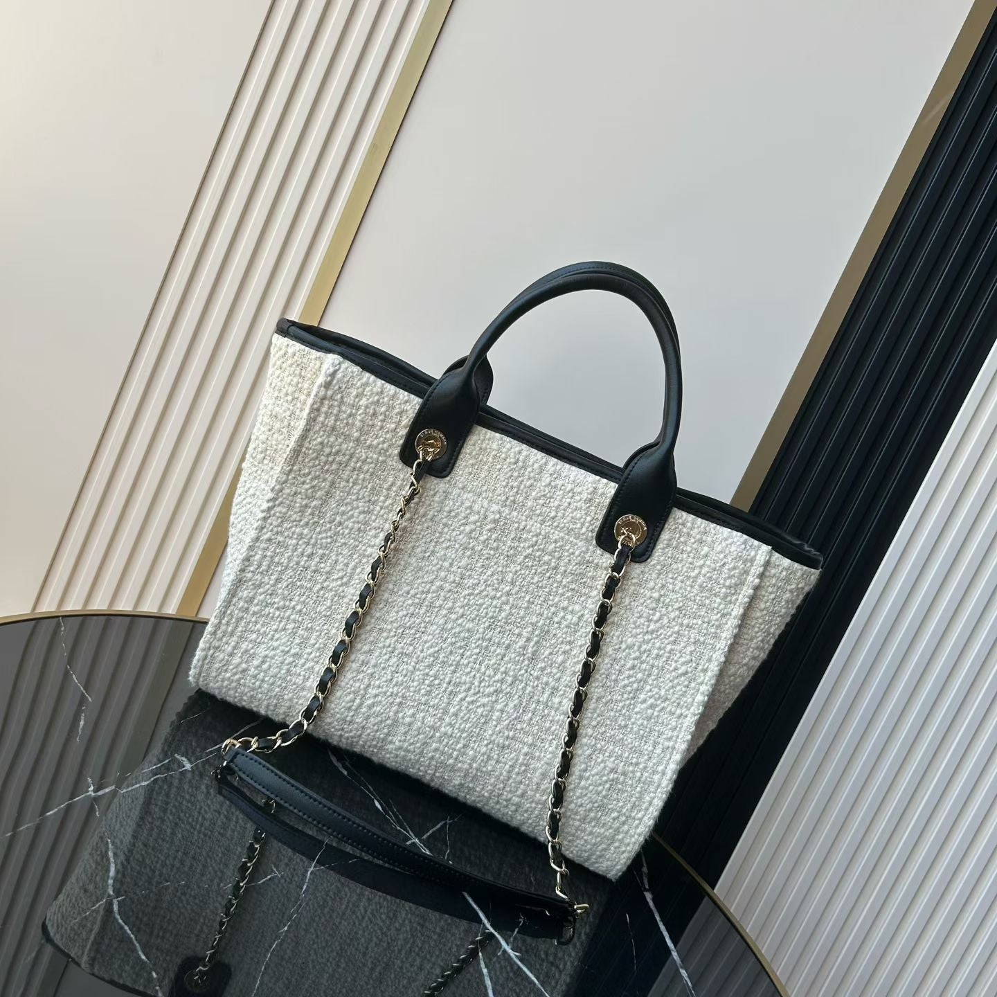 CC Deauville Tote Bag White Black Canvas & Calfskin
