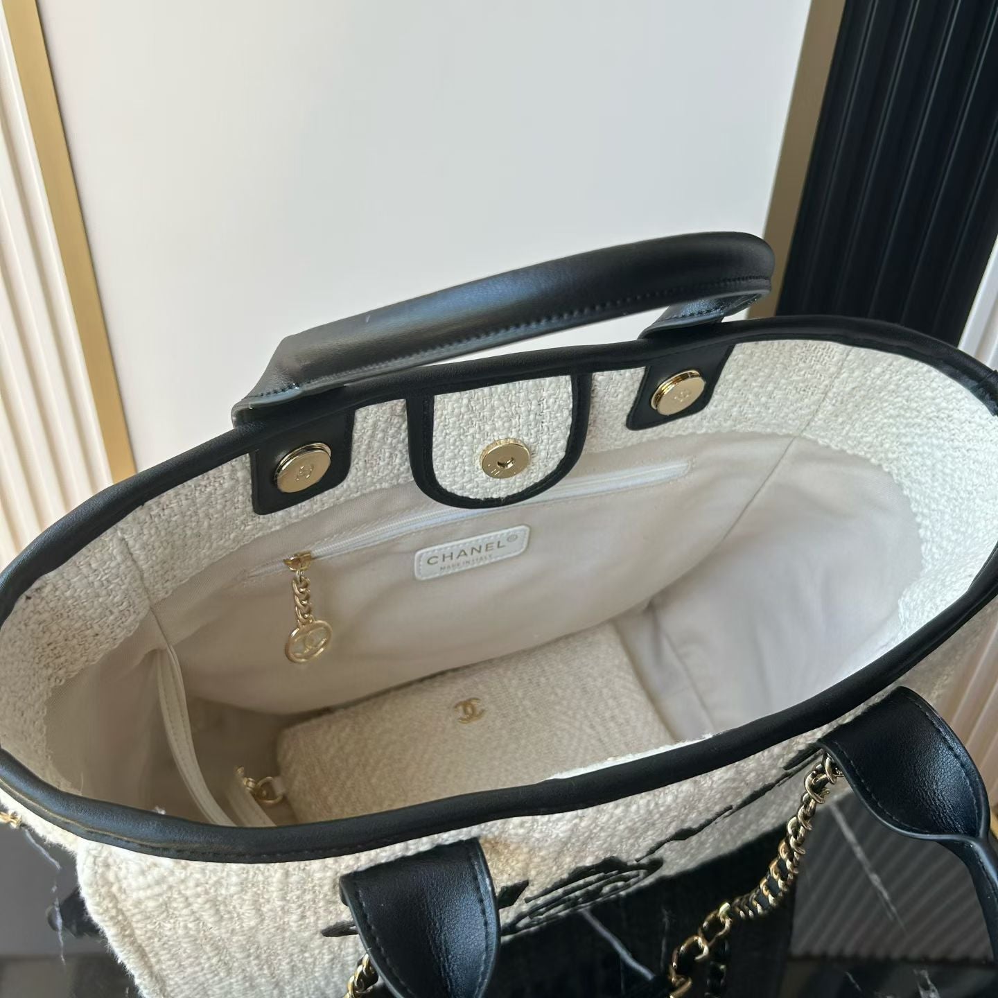 CC Deauville Tote Bag White Black Canvas & Calfskin